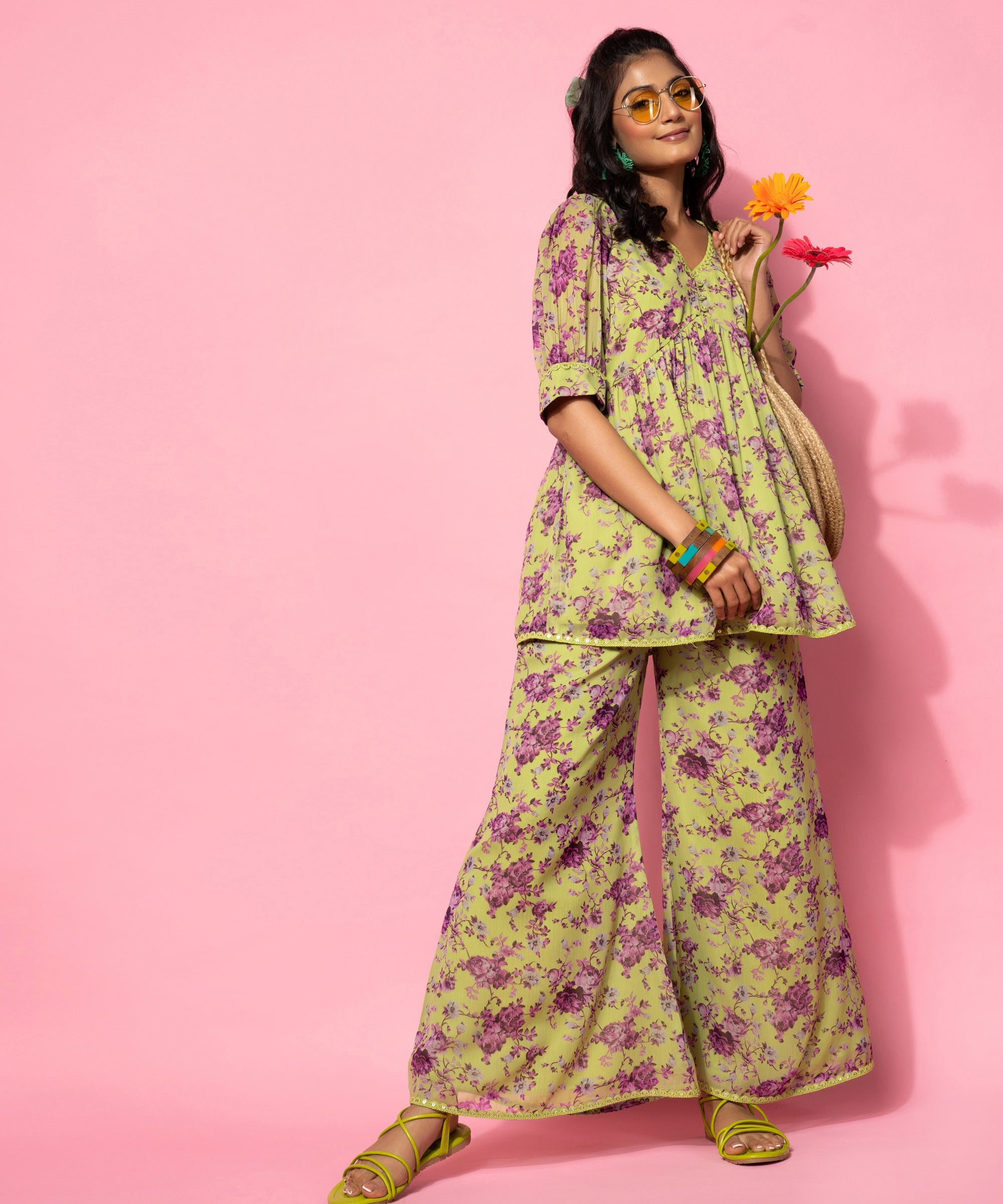 Green Printed Georgette Co-Ords