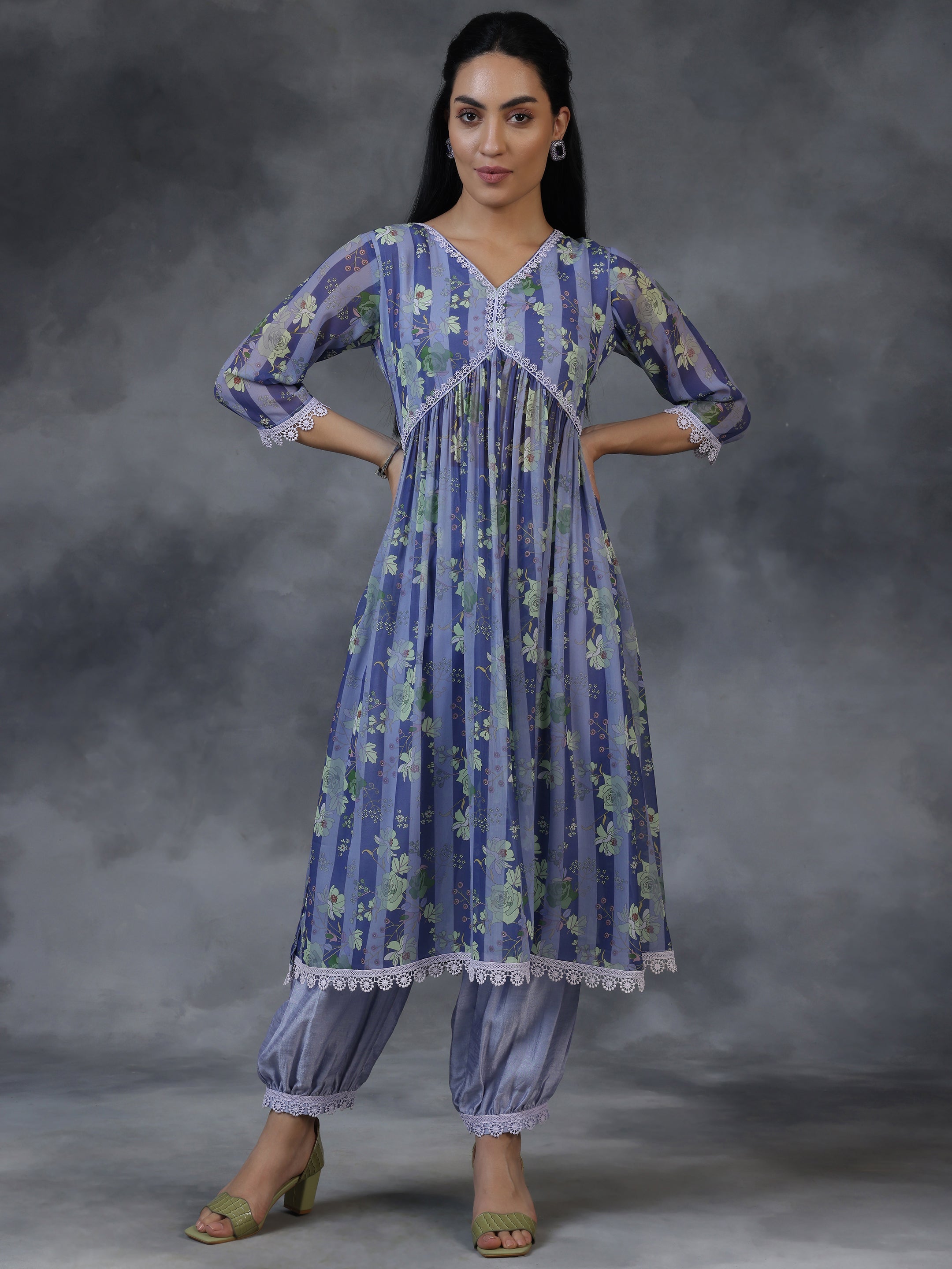 Purple Printed Georgette A-Line Kurta With Salwar