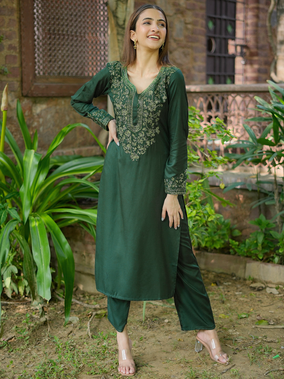 Green Yoke Design Wool Blend Straight Kurta Set