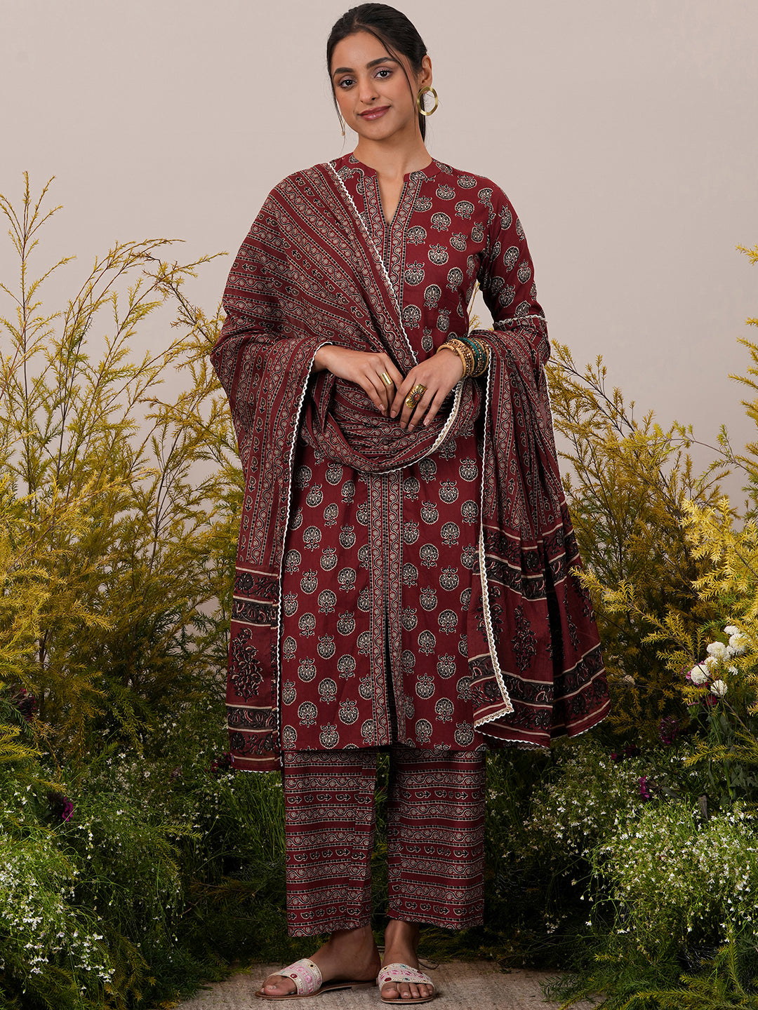 Maroon Printed Cotton Straight Suit With Dupatta