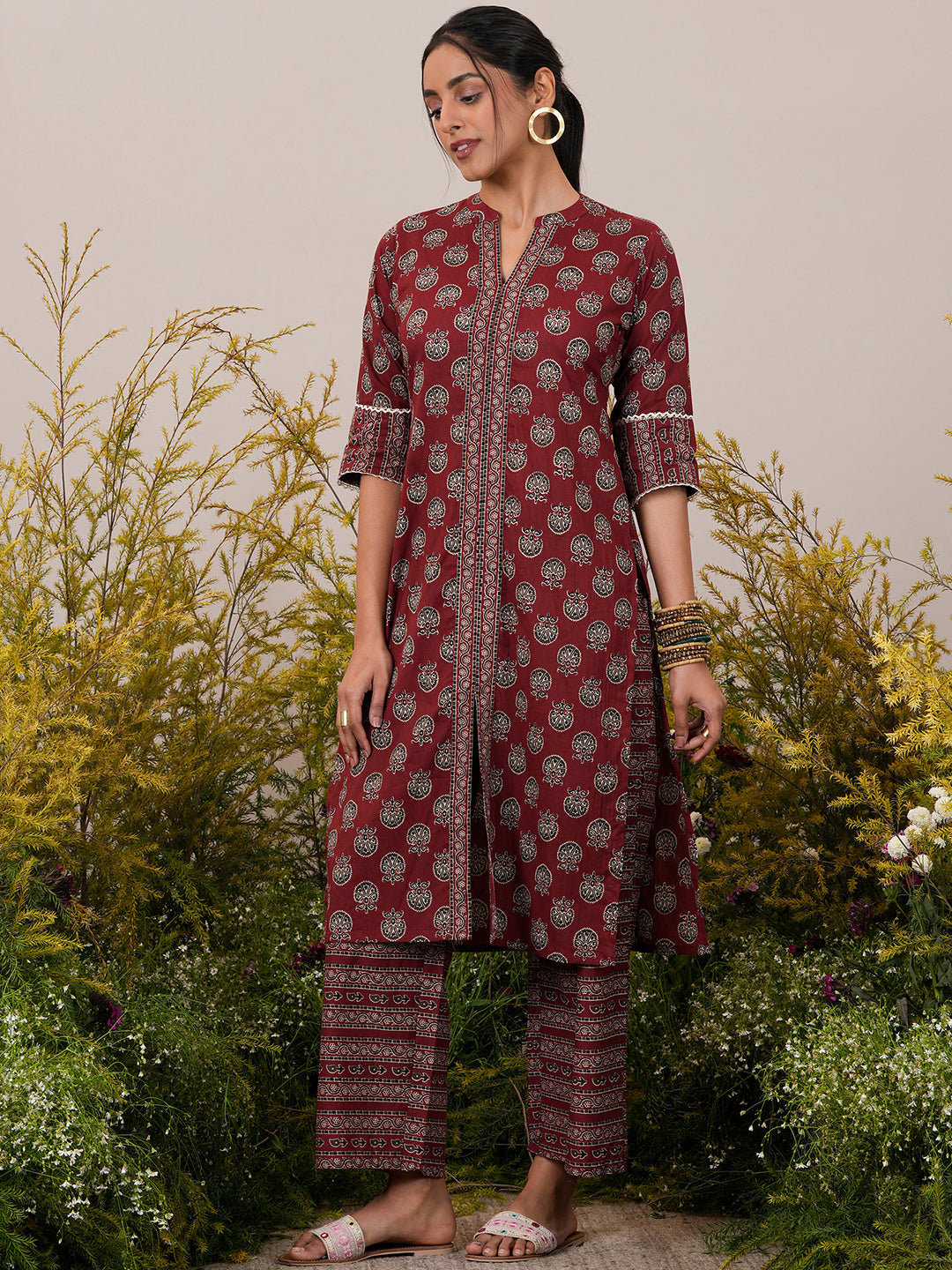 Maroon Printed Cotton Straight Suit With Dupatta