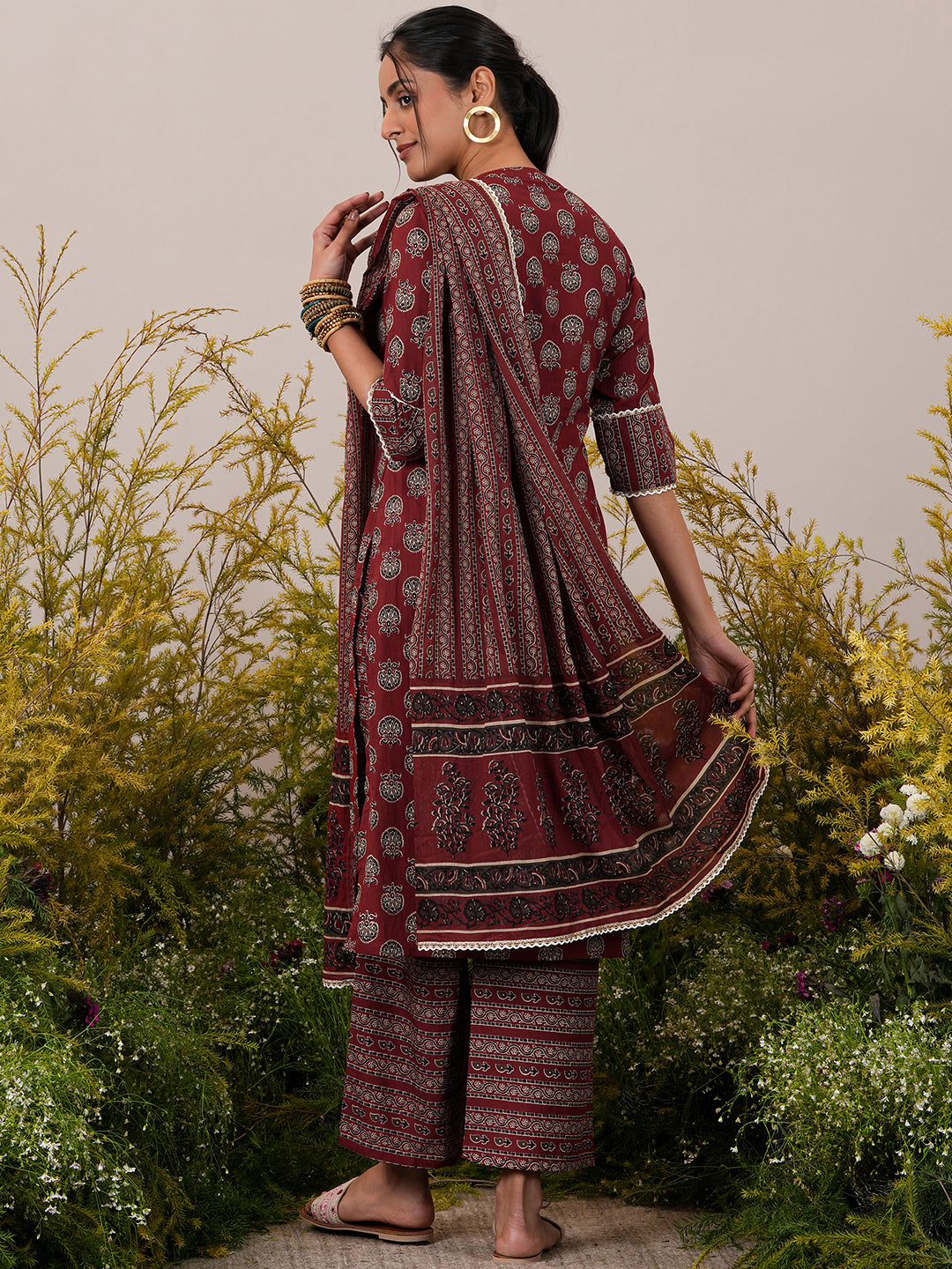 Maroon Printed Cotton Straight Suit With Dupatta