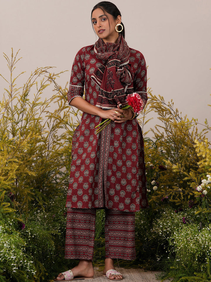 Maroon Printed Cotton Straight Kurta With Palazzos & Dupatta - ShopLibas