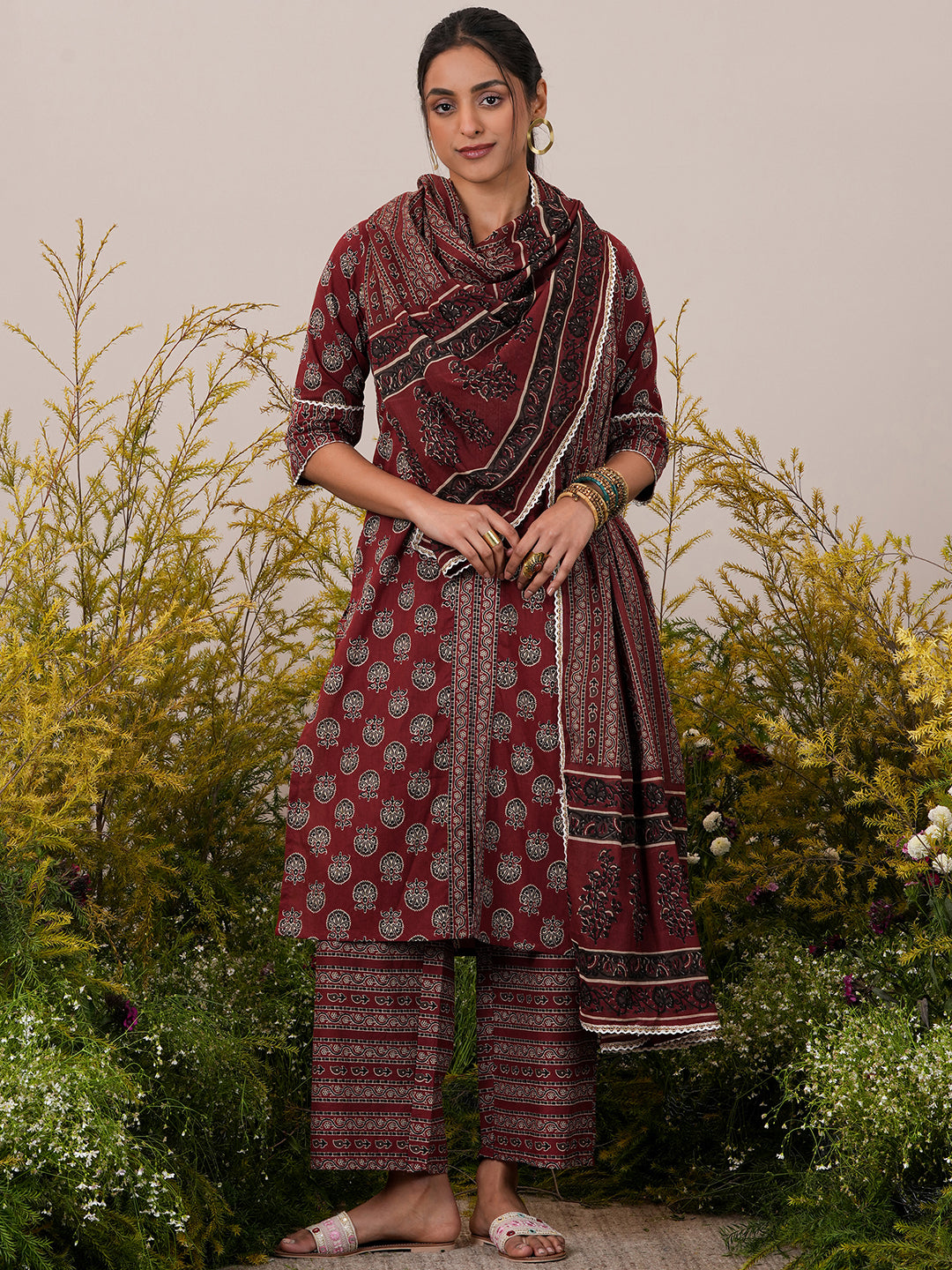 Maroon Printed Cotton Straight Suit With Dupatta