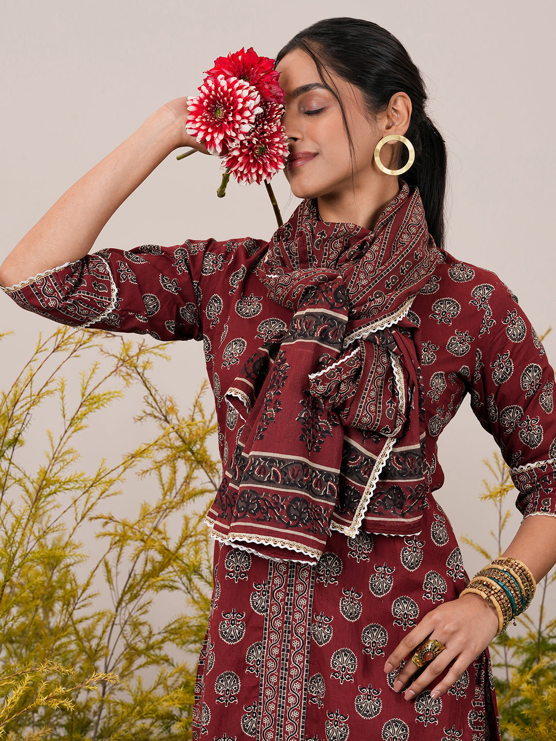 Maroon Printed Cotton Straight Suit With Dupatta