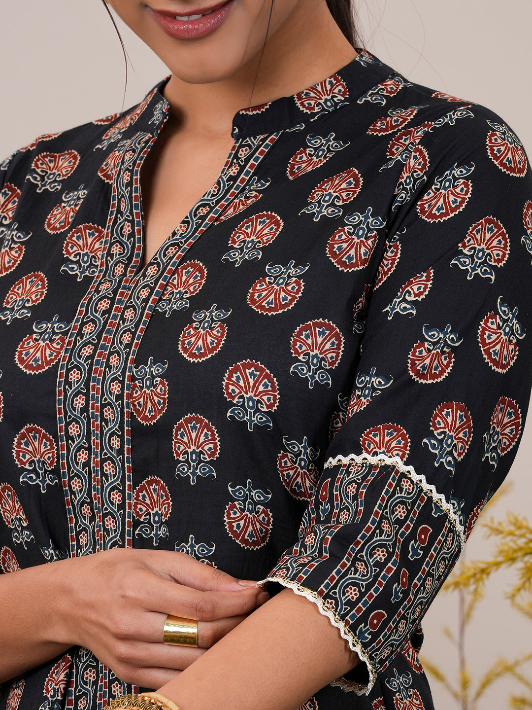 Black Printed Cotton Straight Suit With Dupatta