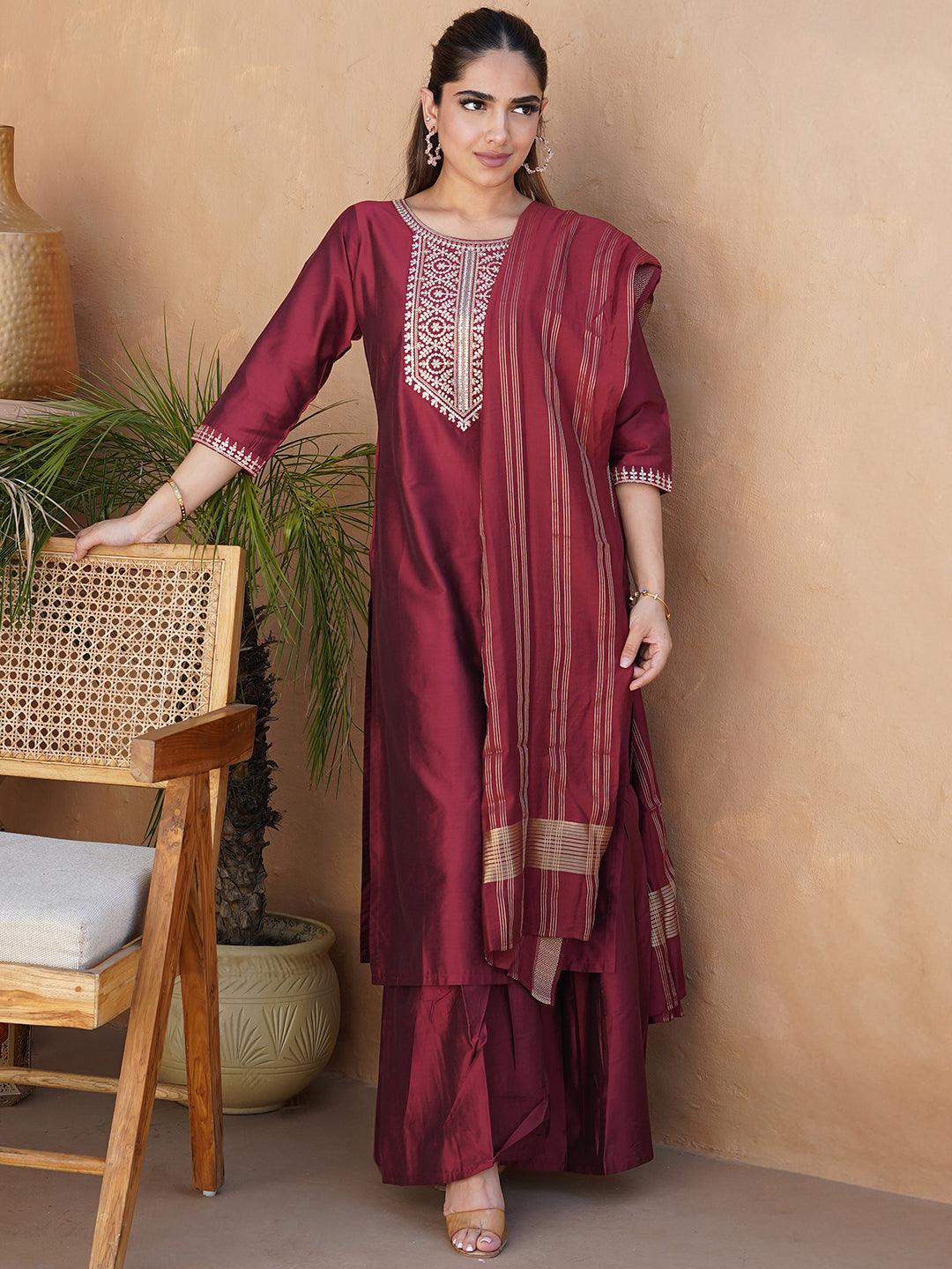 Rust Yoke Design Silk Blend Straight Suit With Dupatta