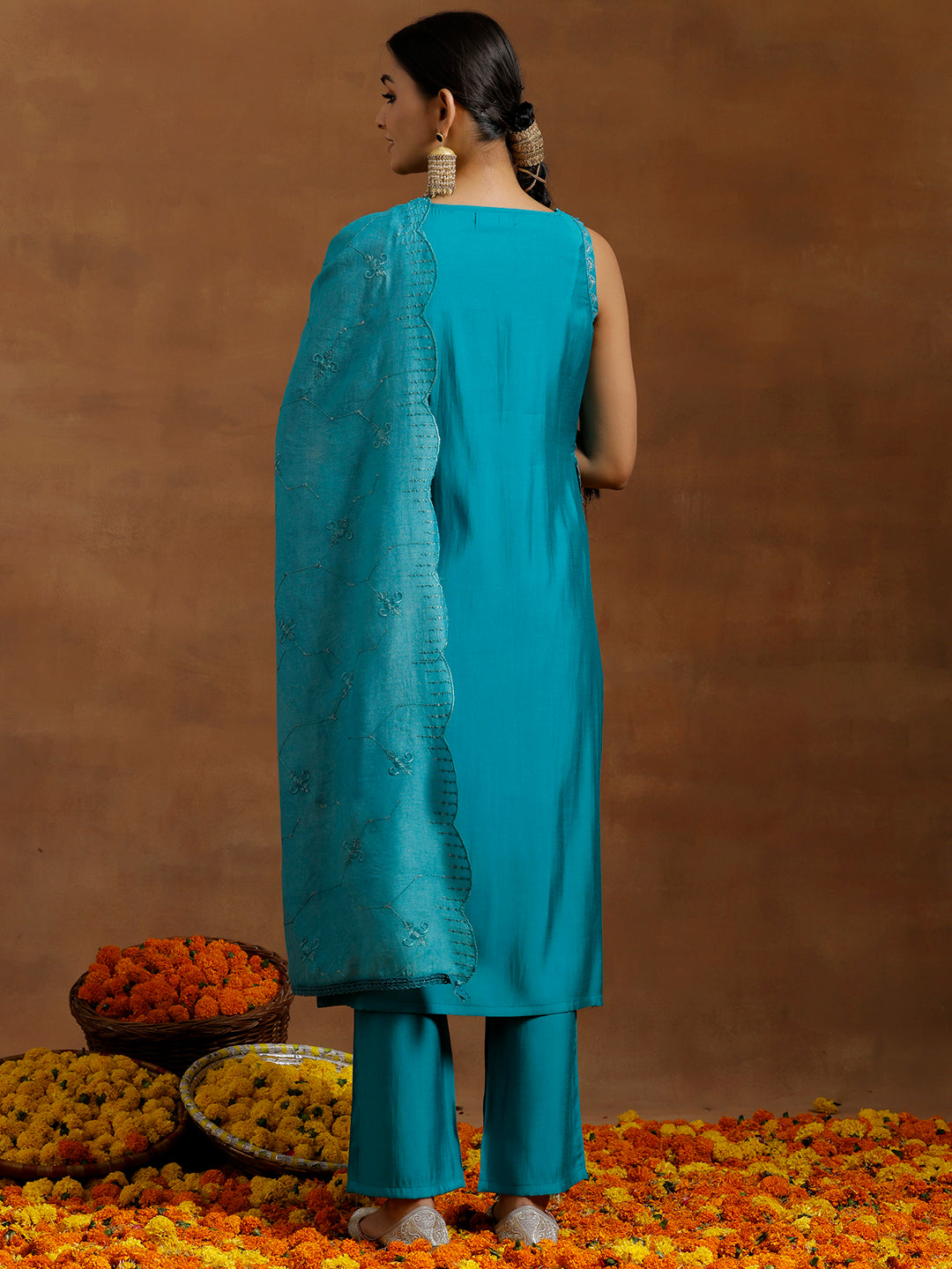 Green Solid Silk Blend Straight Suit With Dupatta