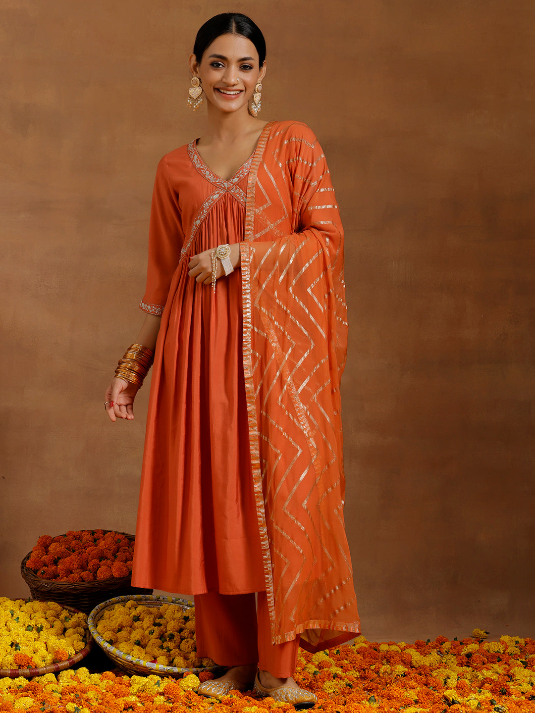 Rust Solid Silk Blend A-Line Kurta With Trousers & Dupatta