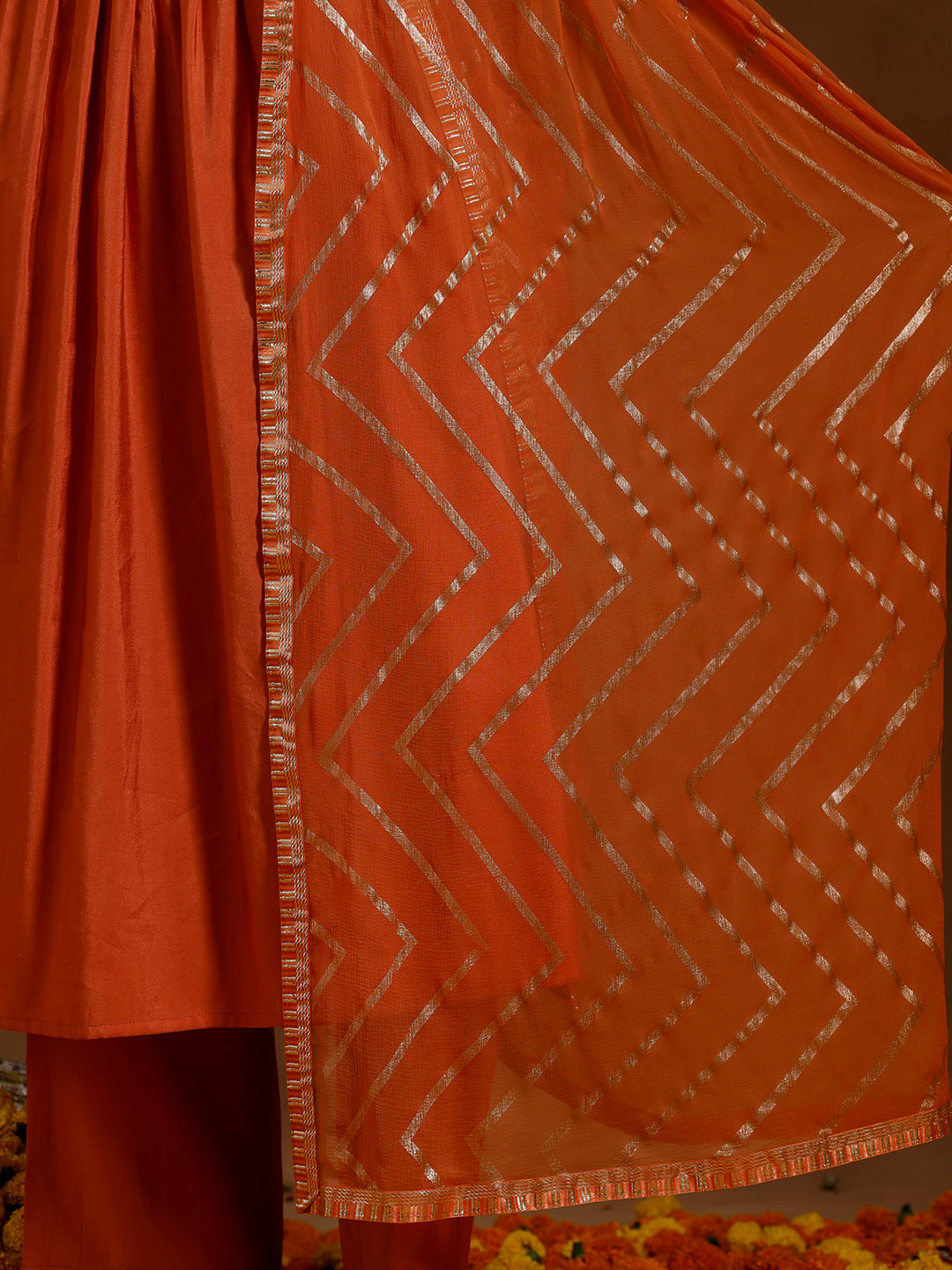 Rust Solid Silk Blend A-Line Kurta With Trousers & Dupatta