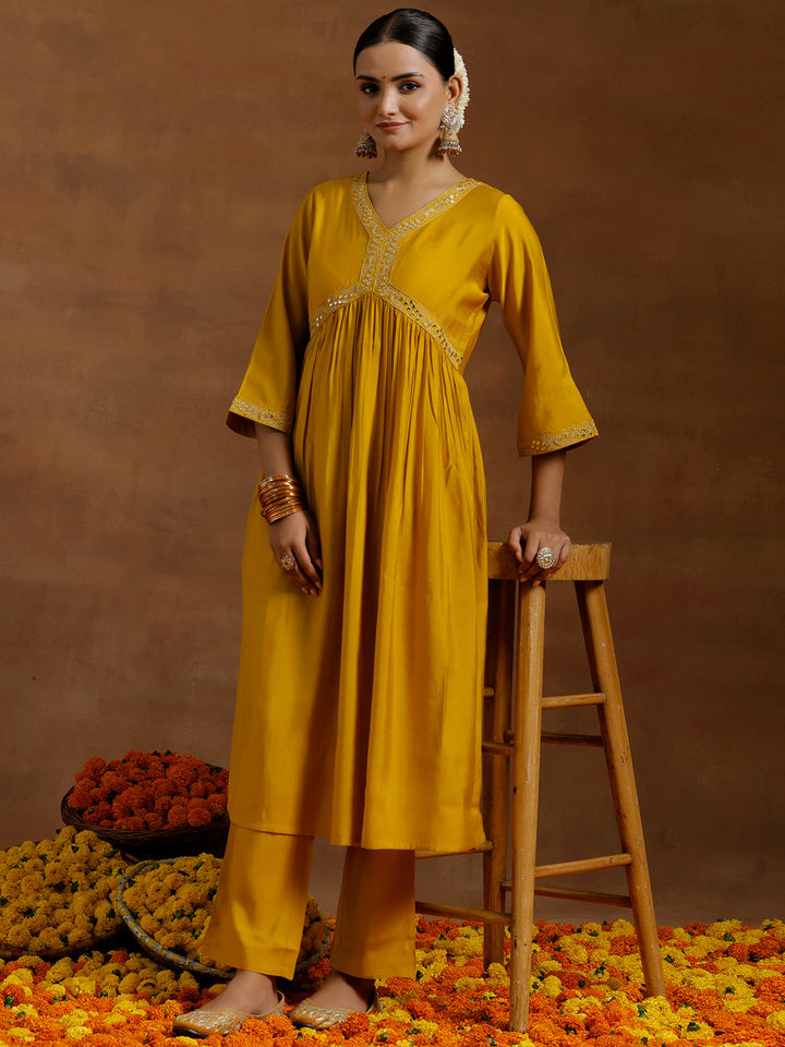 Mustard Solid Silk Blend A-Line Kurta With Trousers