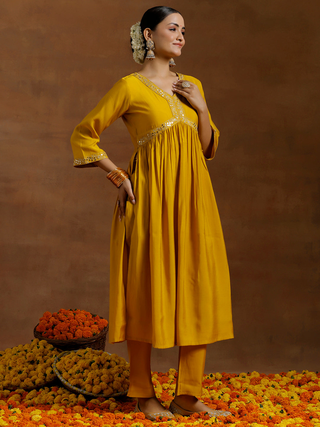 Mustard Solid Silk Blend A-Line Kurta With Trousers