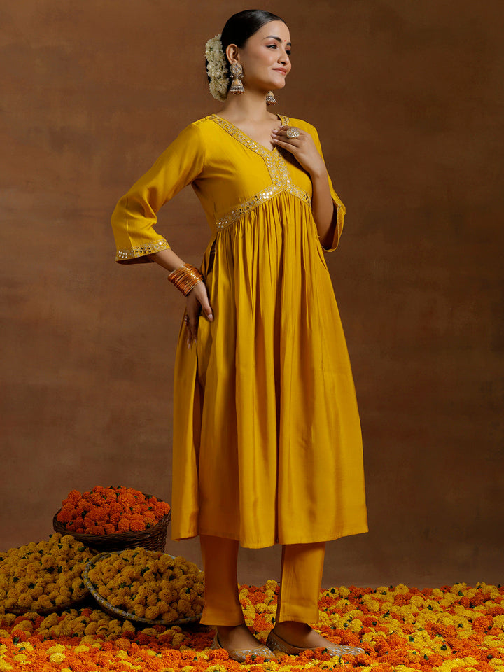 Mustard Solid Silk Blend A-Line Kurta With Trousers