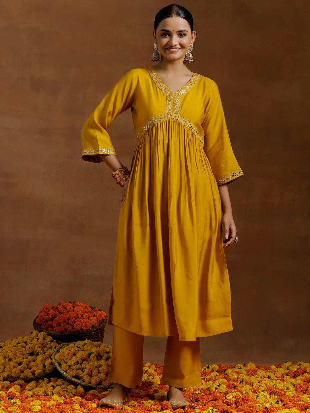 Mustard Solid Silk Blend A-Line Kurta With Trousers