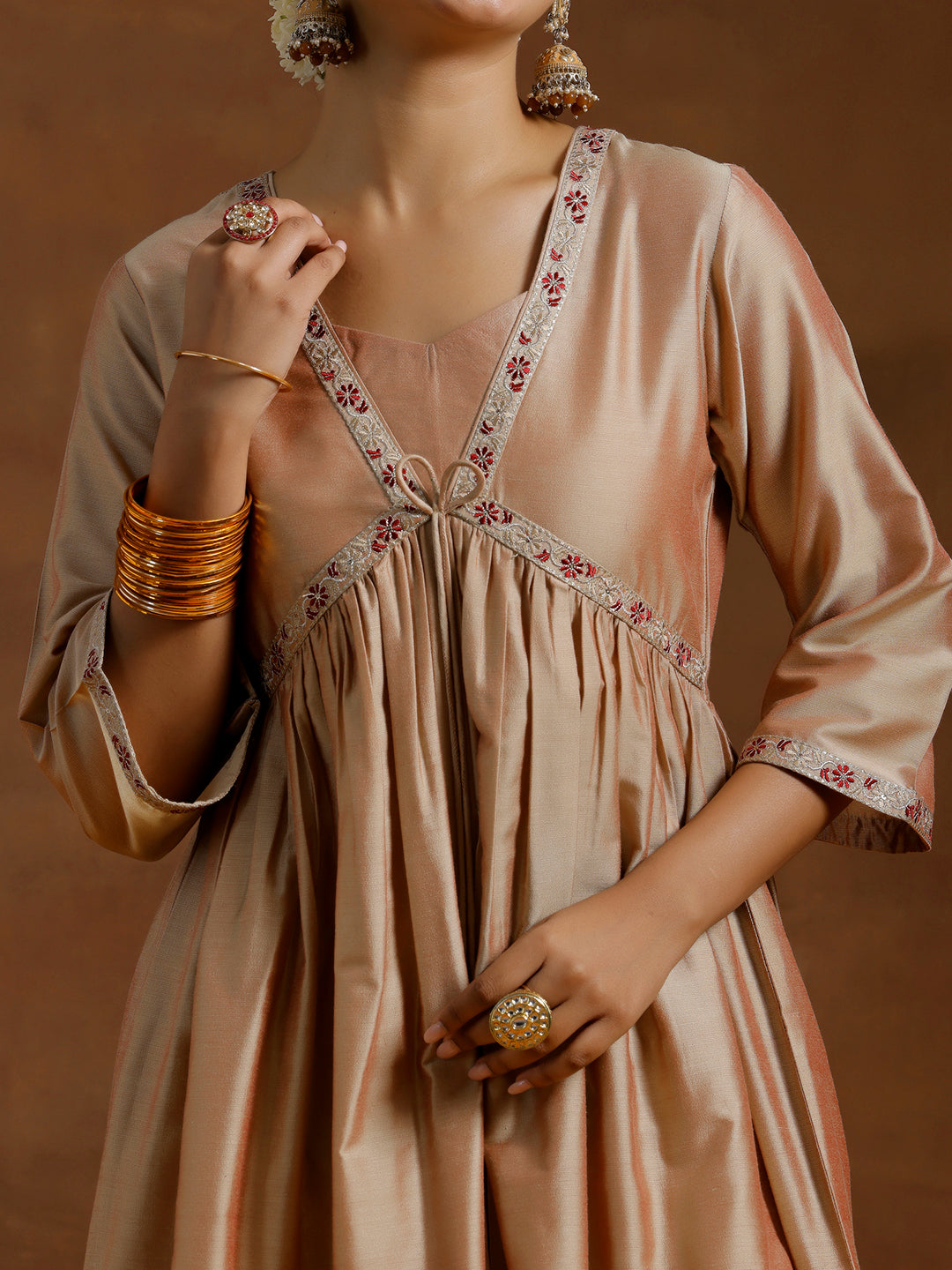 Beige Solid Silk Blend A-Line Kurta With Trousers