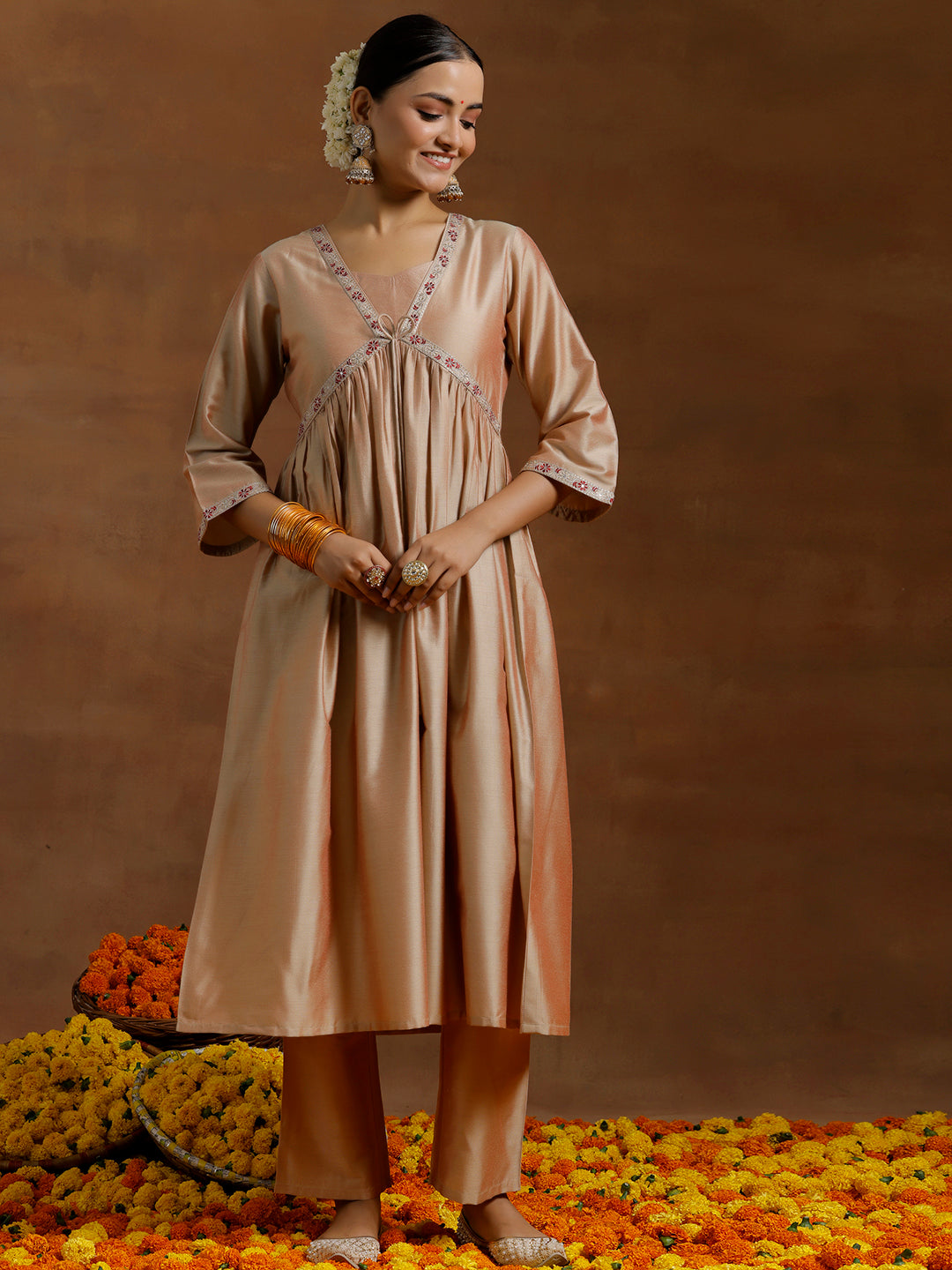 Beige Solid Silk Blend A-Line Kurta With Trousers