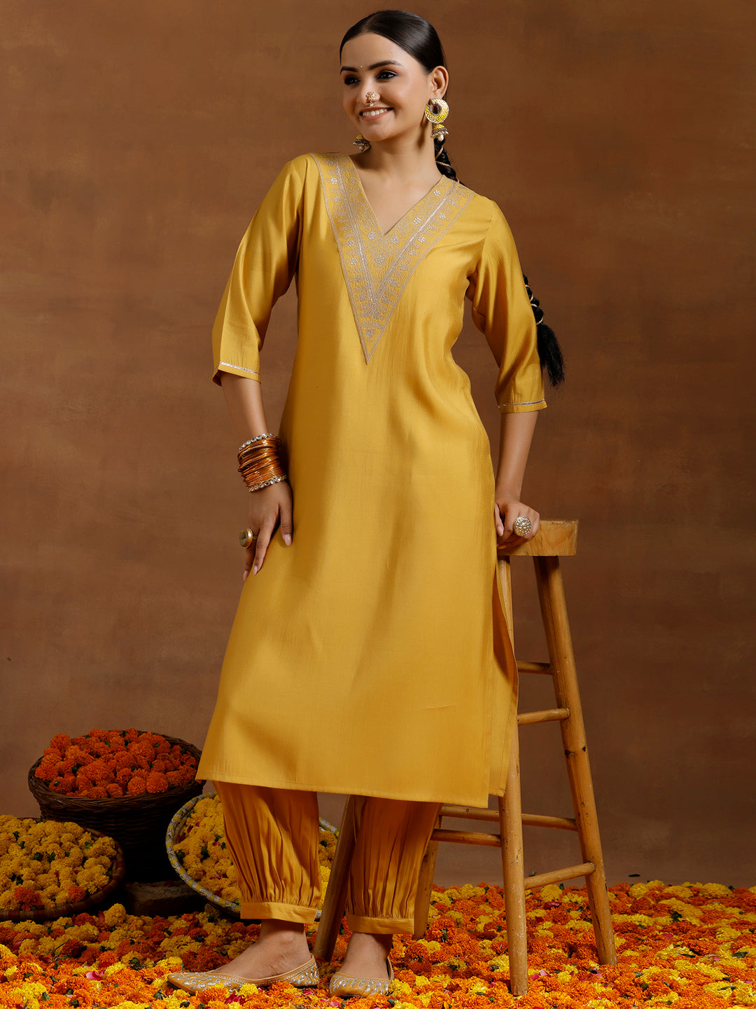 Yellow Yoke Design Silk Blend Straight Kurta Set