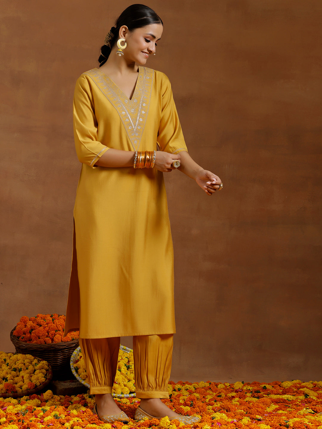 Yellow Yoke Design Silk Blend Straight Kurta Set