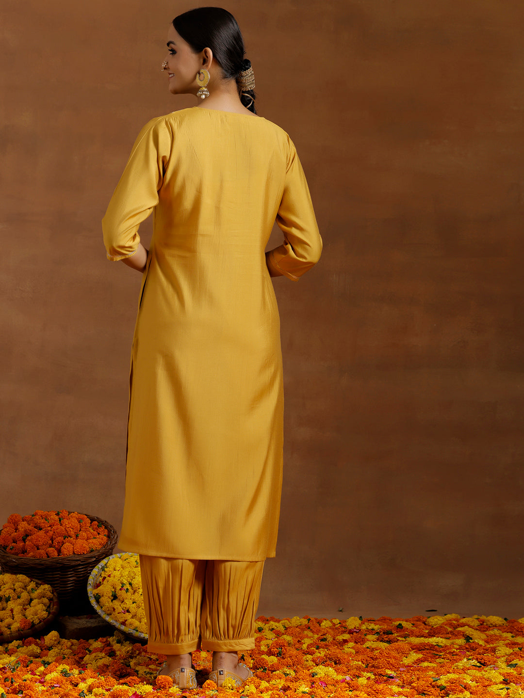 Yellow Yoke Design Silk Blend Straight Kurta Set