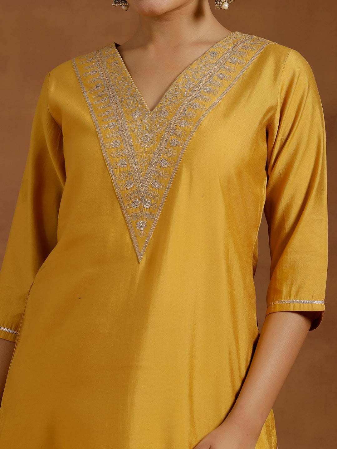 Yellow Yoke Design Silk Blend Straight Kurta Set