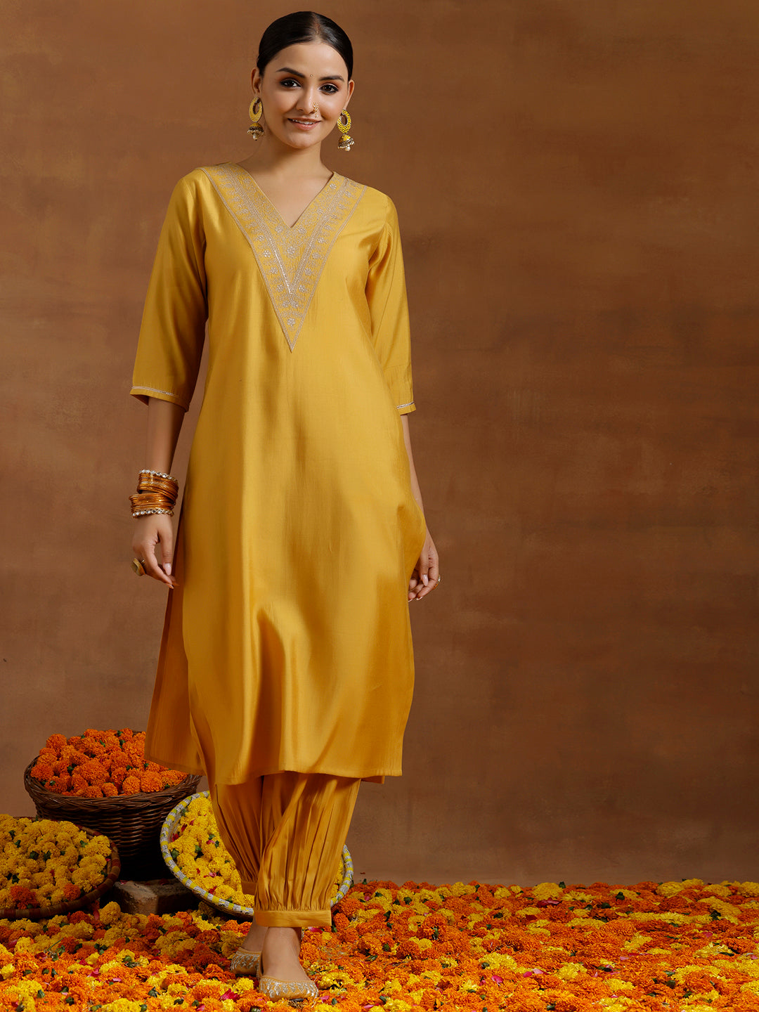 Yellow Yoke Design Silk Blend Straight Kurta Set