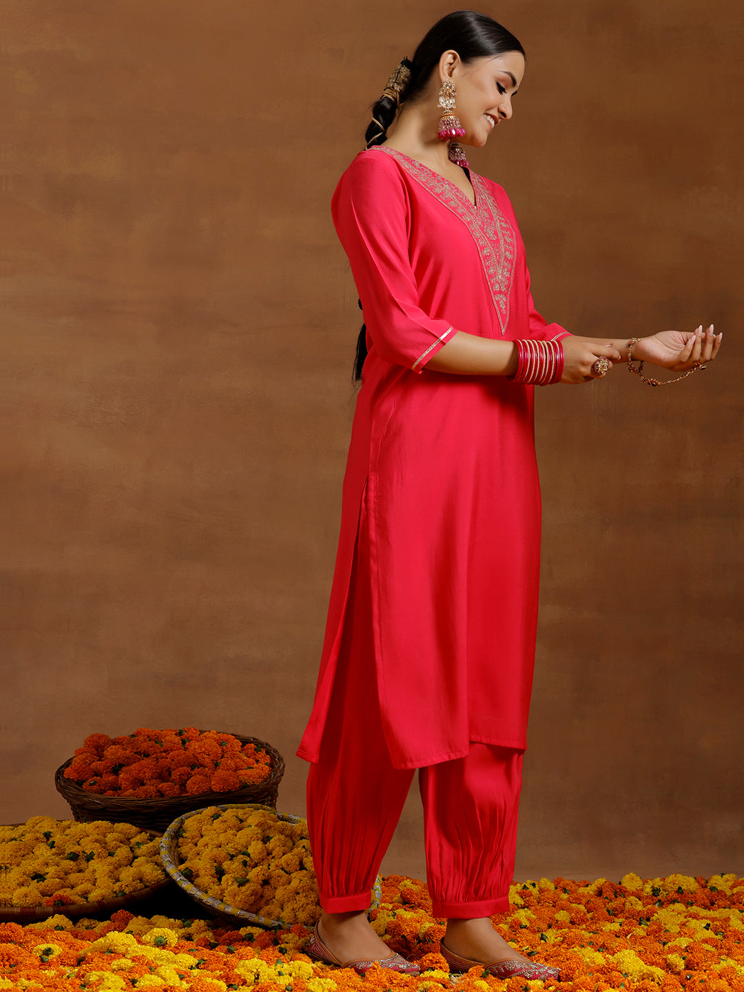 Pink Yoke Design Silk Blend Straight Kurta Set