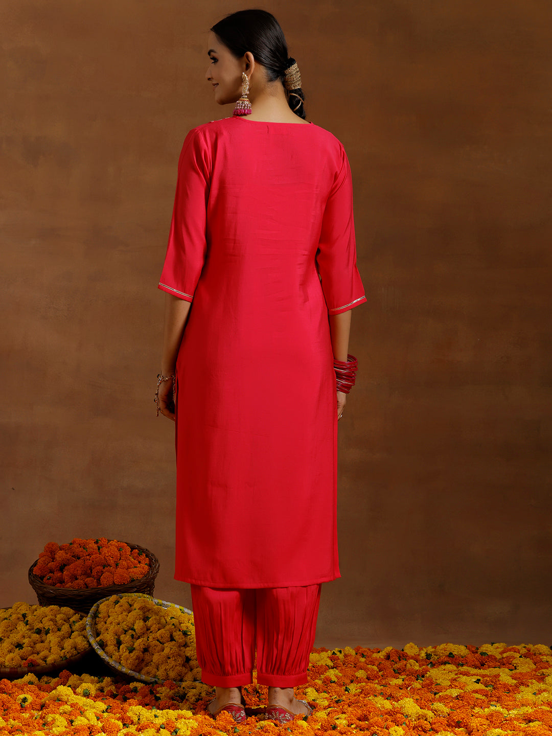 Pink Yoke Design Silk Blend Straight Kurta Set