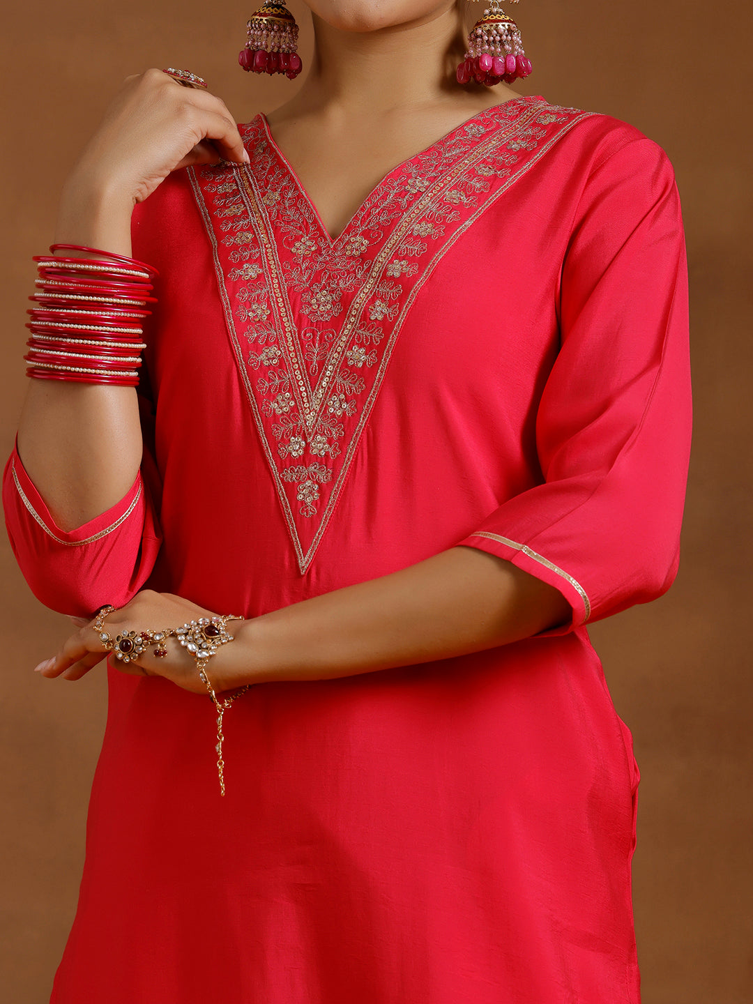 Pink Yoke Design Silk Blend Straight Kurta Set