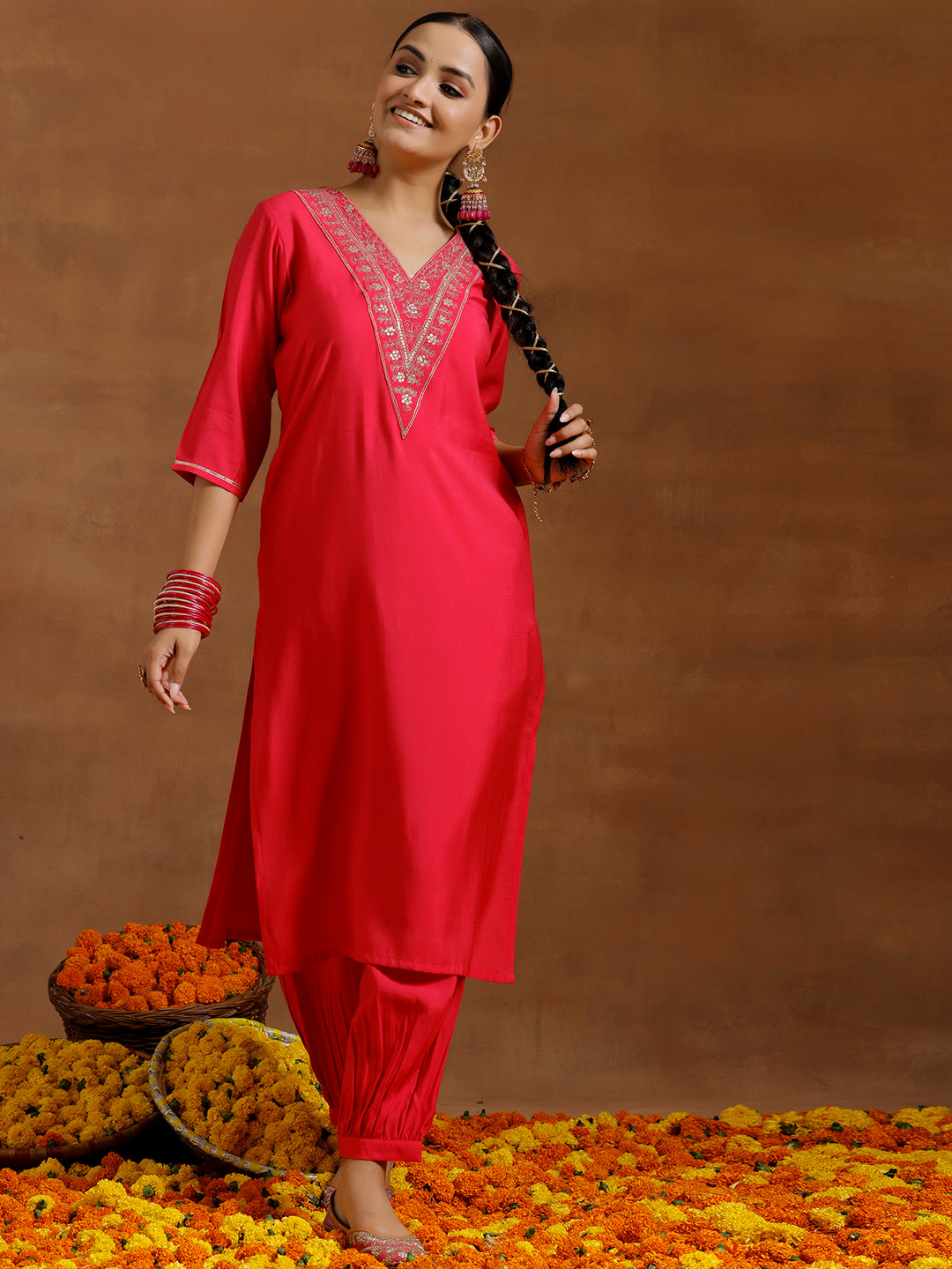 Pink Yoke Design Silk Blend Straight Kurta Set