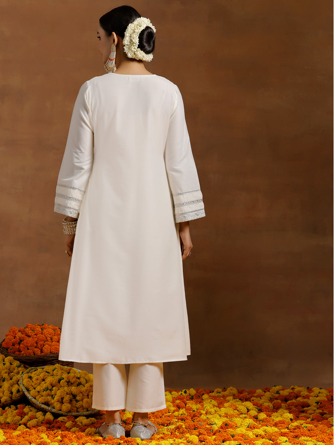 Off white Yoke Design Silk Blend A-Line Kurta With Trousers