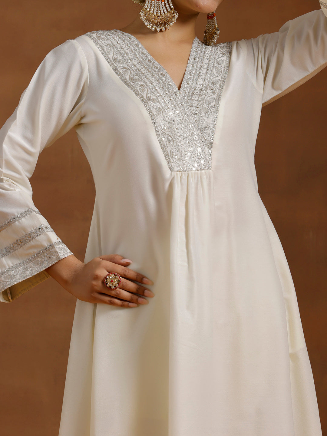 Off white Yoke Design Silk Blend A-Line Kurta With Trousers