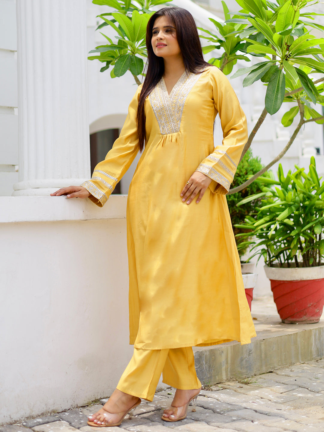 Yellow Yoke Design Silk Blend A-Line Kurta With Trousers