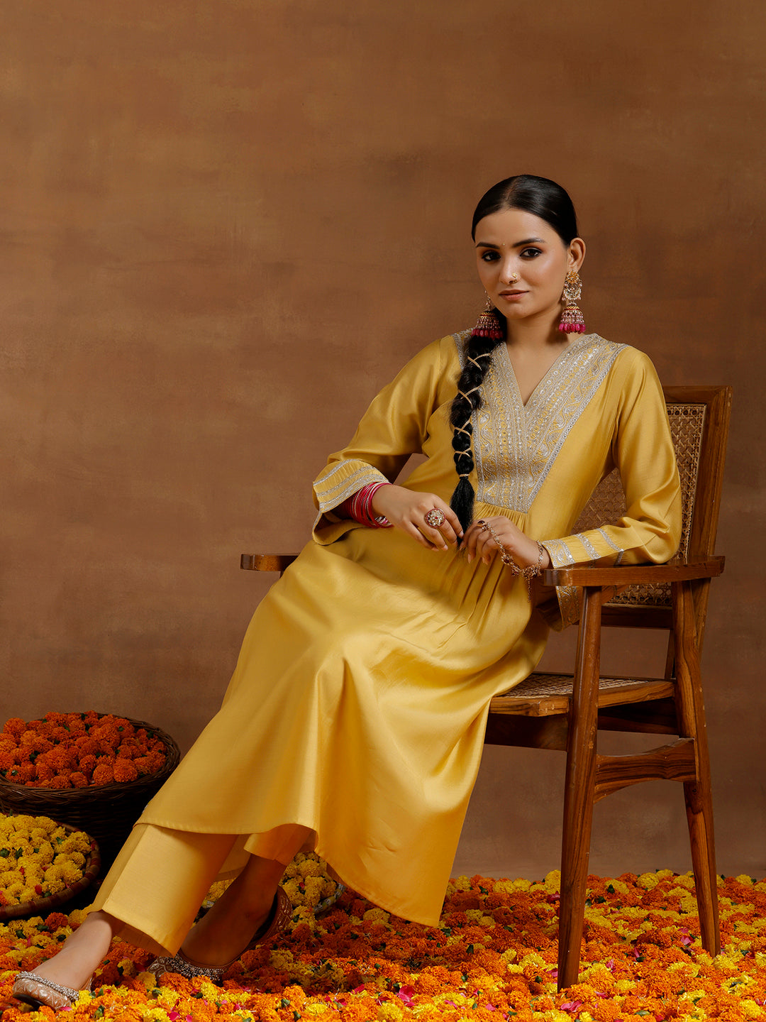 Yellow Yoke Design Silk Blend A-Line Kurta With Trousers