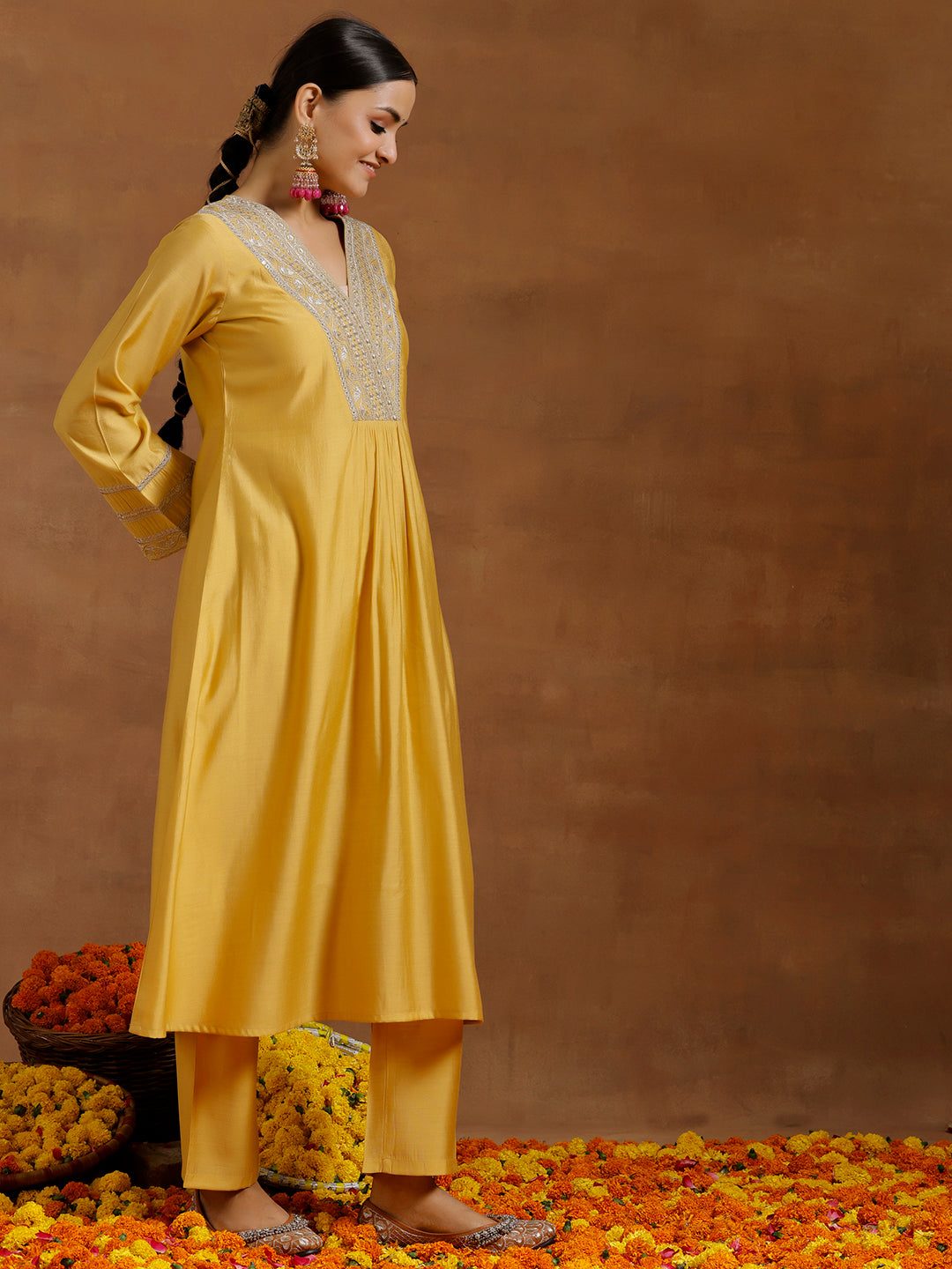 Yellow Yoke Design Silk Blend A-Line Kurta With Trousers