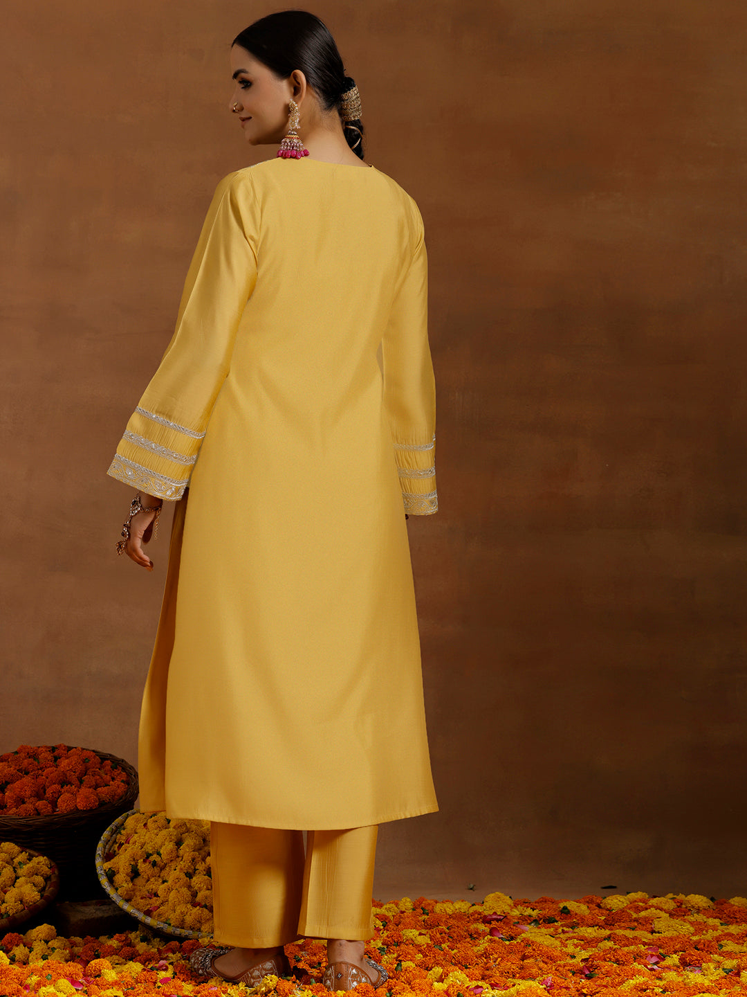 Yellow Yoke Design Silk Blend A-Line Kurta With Trousers