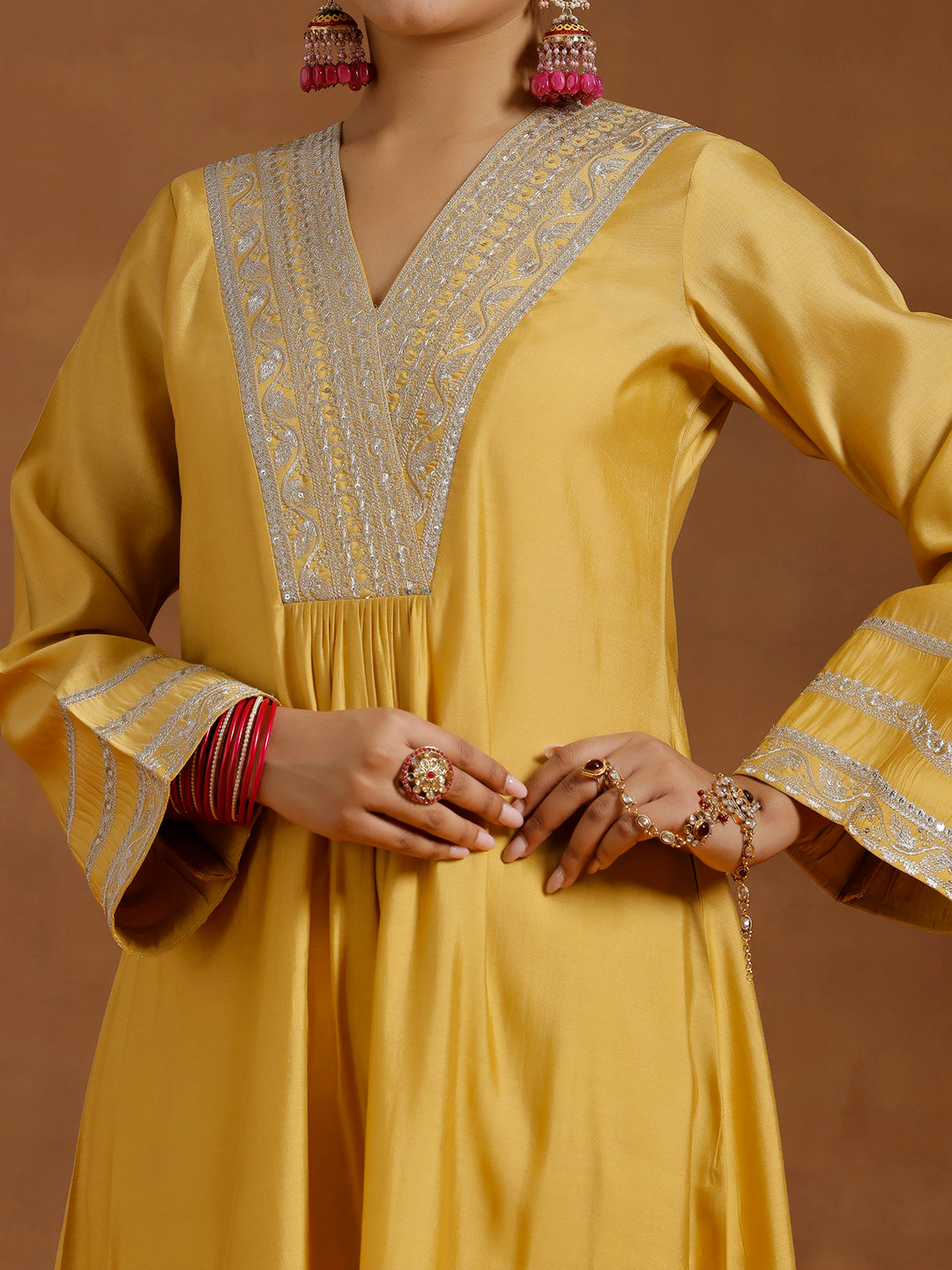 Yellow Yoke Design Silk Blend A-Line Kurta With Trousers