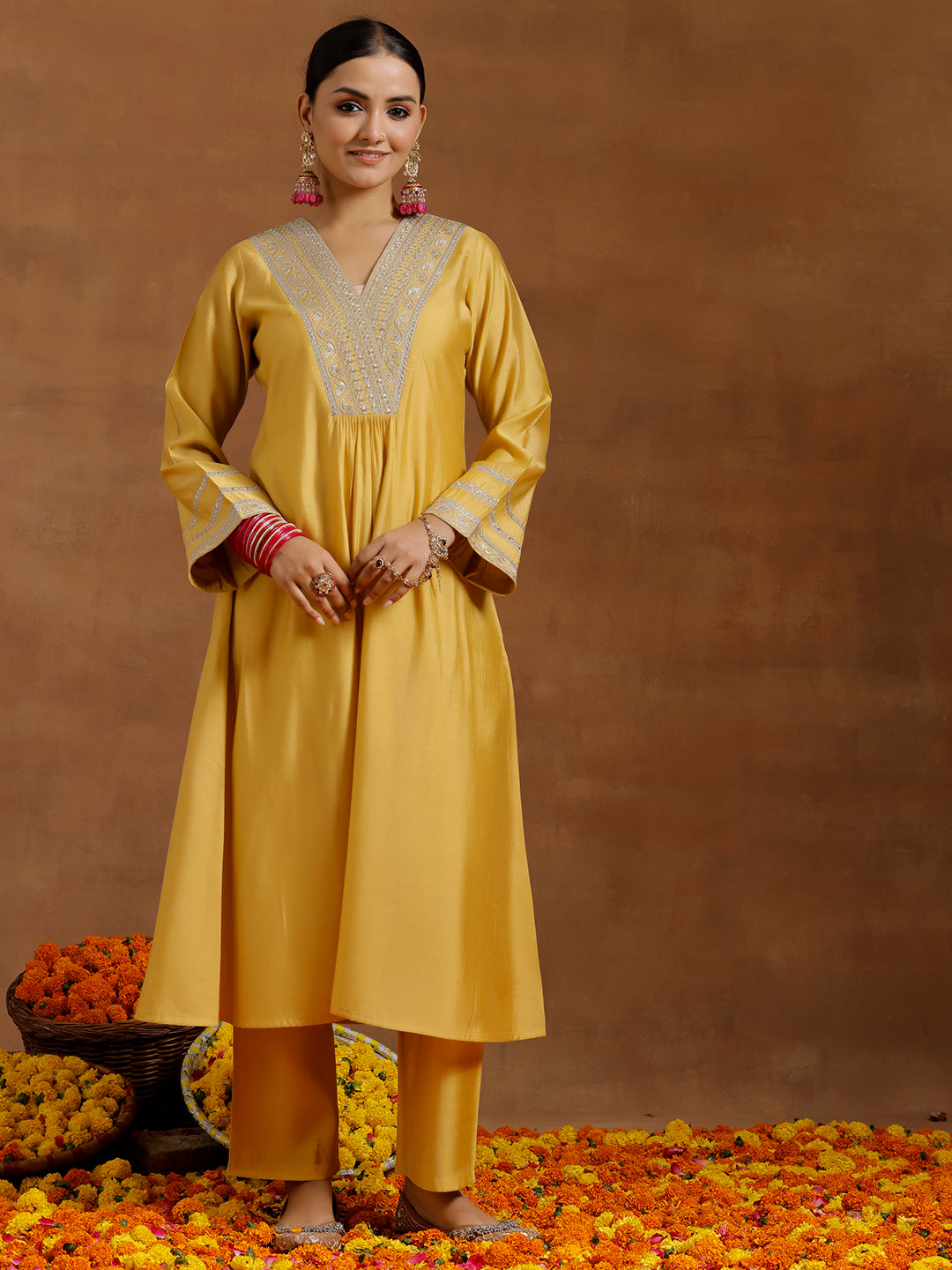 Yellow Yoke Design Silk Blend A-Line Kurta With Trousers