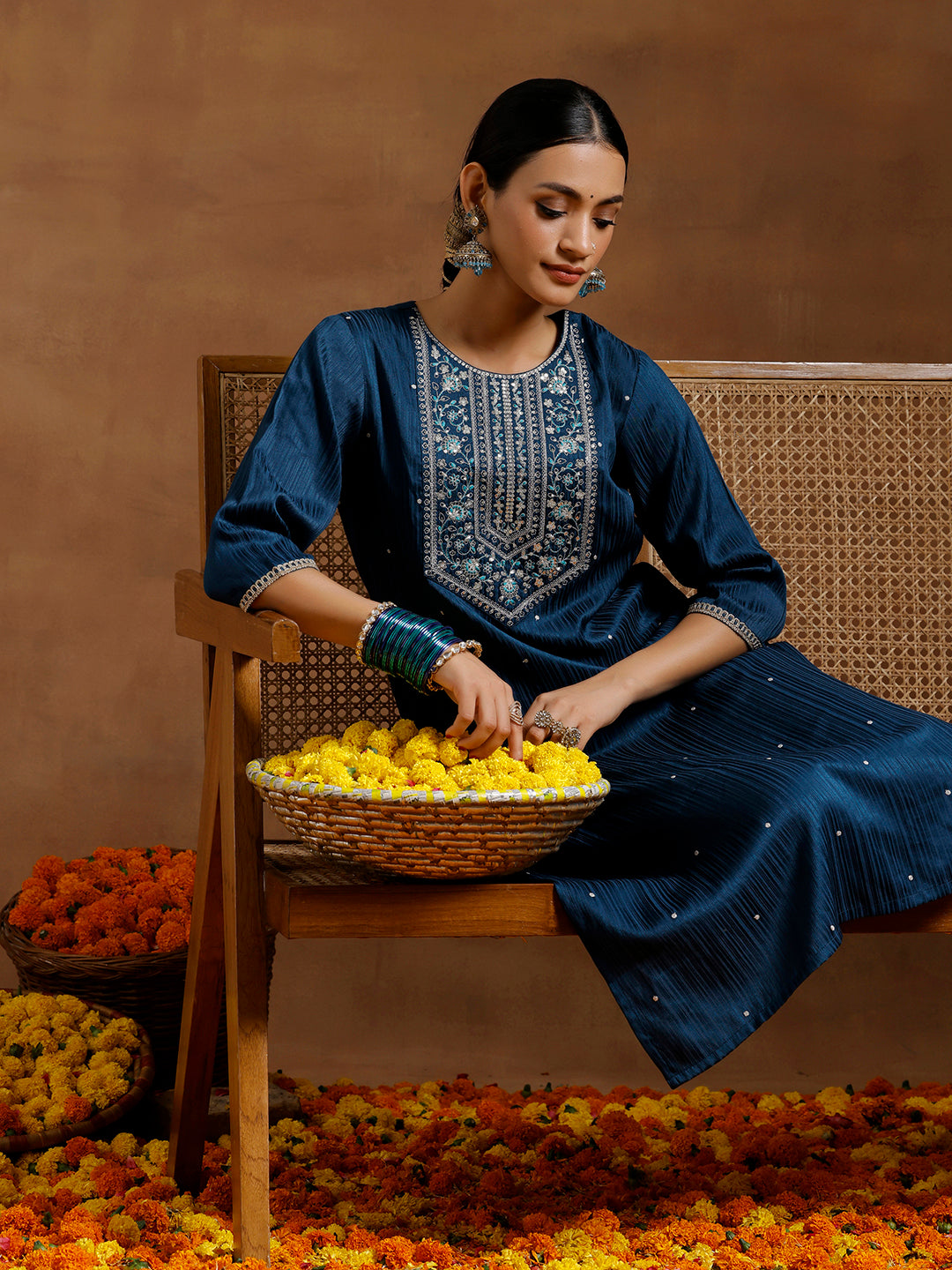 Blue Embroidered Silk Blend Straight Kurta Set