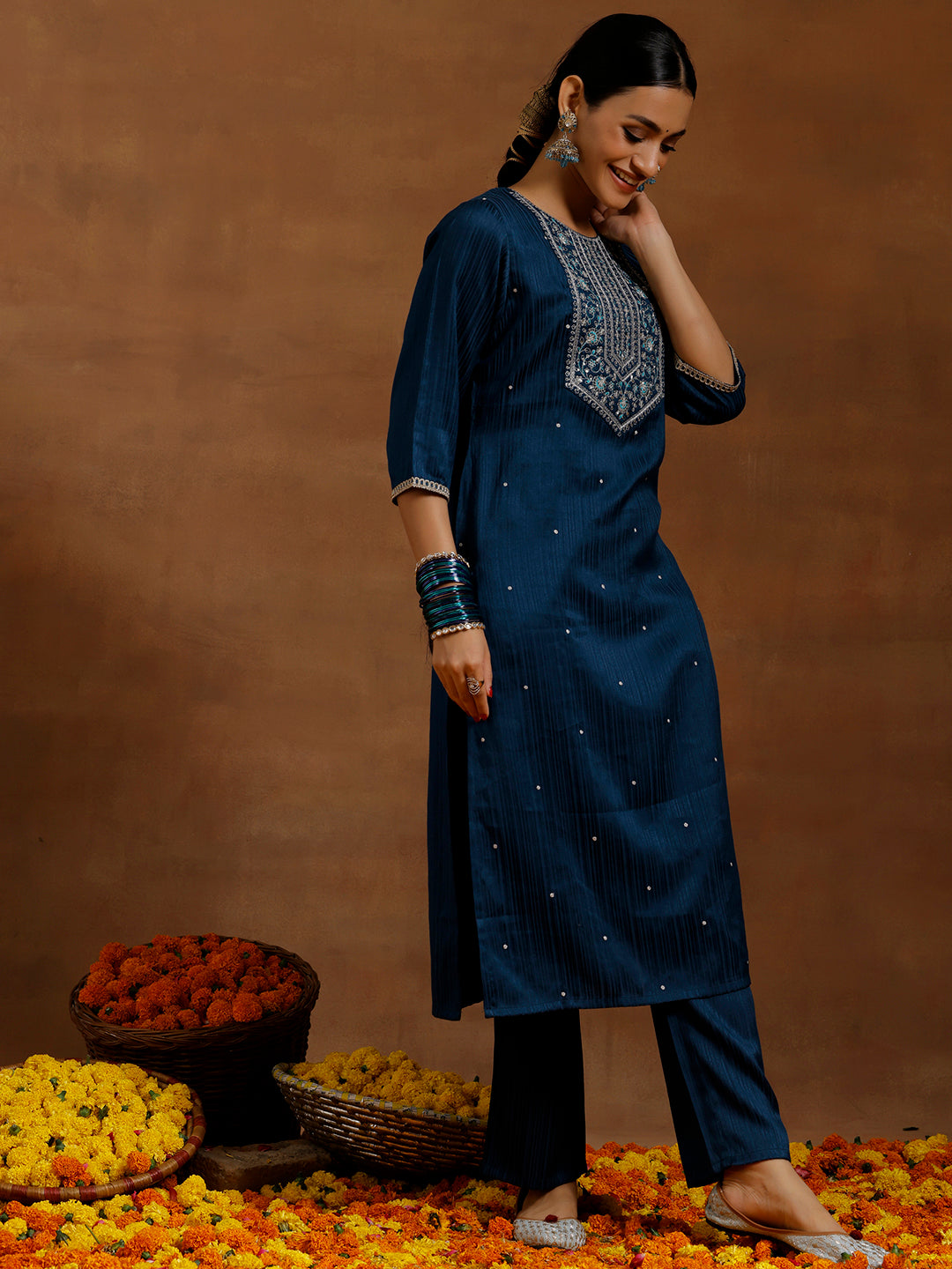 Blue Embroidered Silk Blend Straight Kurta Set