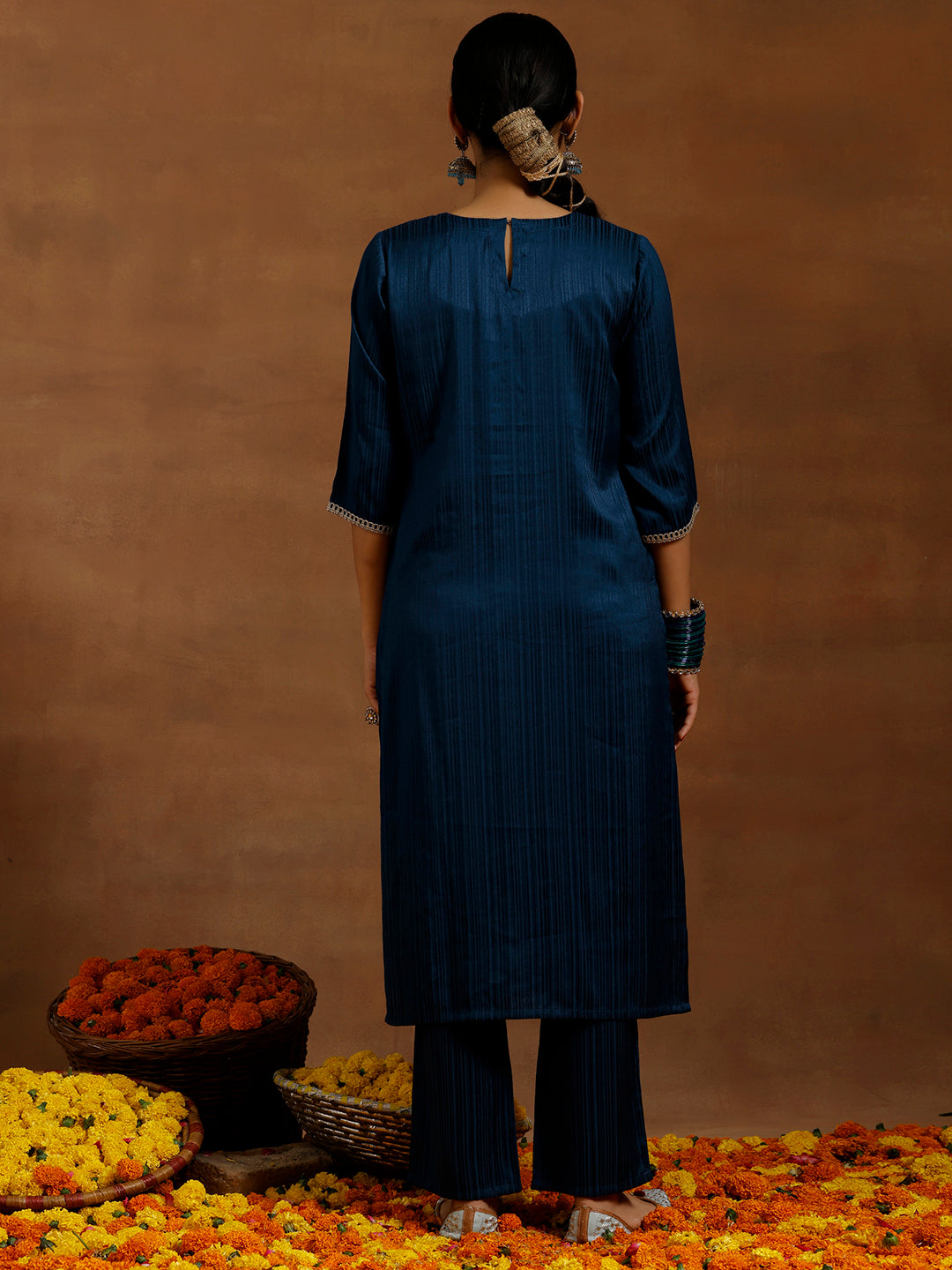 Blue Embroidered Silk Blend Straight Kurta Set