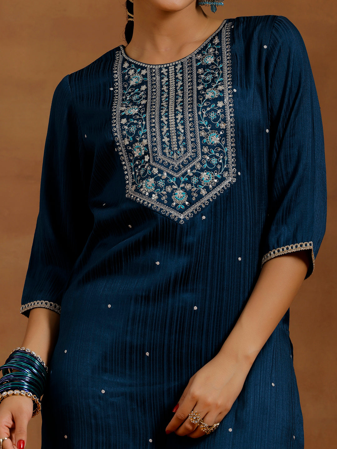 Blue Embroidered Silk Blend Straight Kurta Set