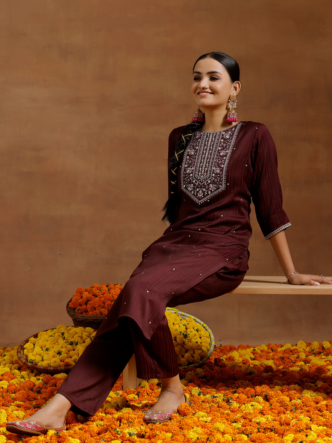 Maroon Embroidered Silk Blend Straight Kurta Set