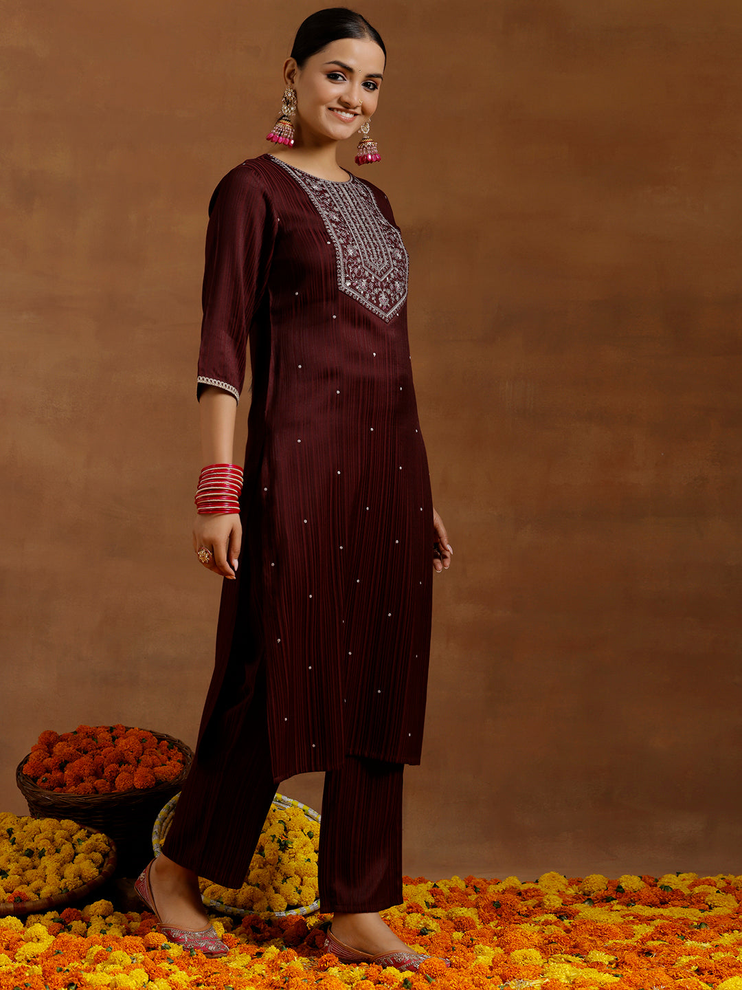 Maroon Embroidered Silk Blend Straight Kurta Set