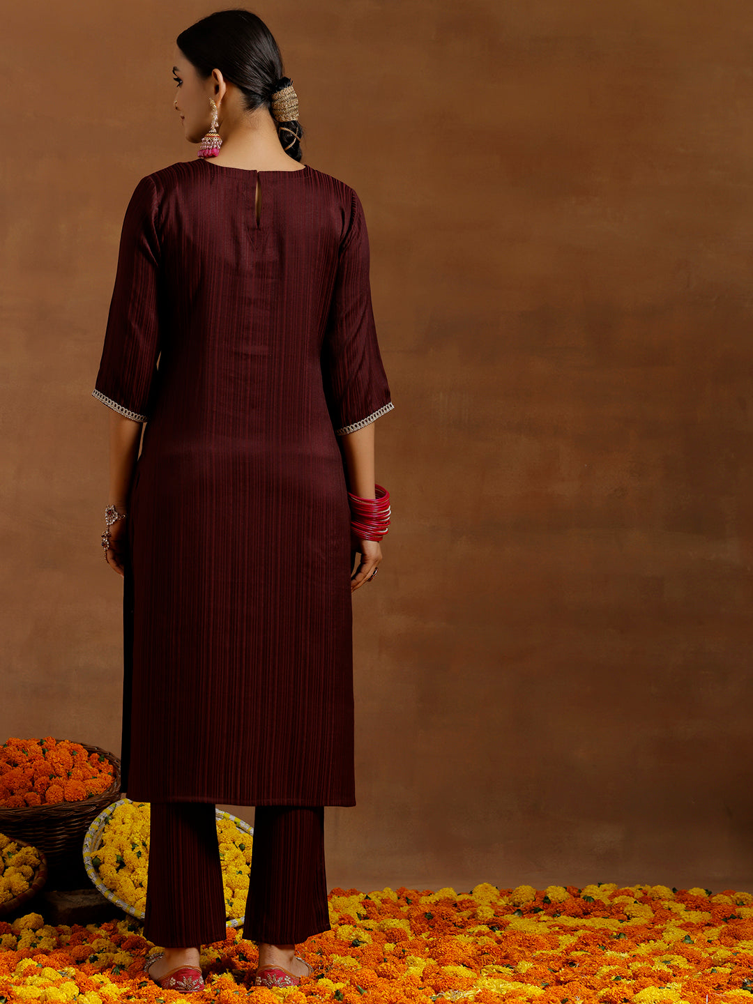 Maroon Embroidered Silk Blend Straight Kurta Set