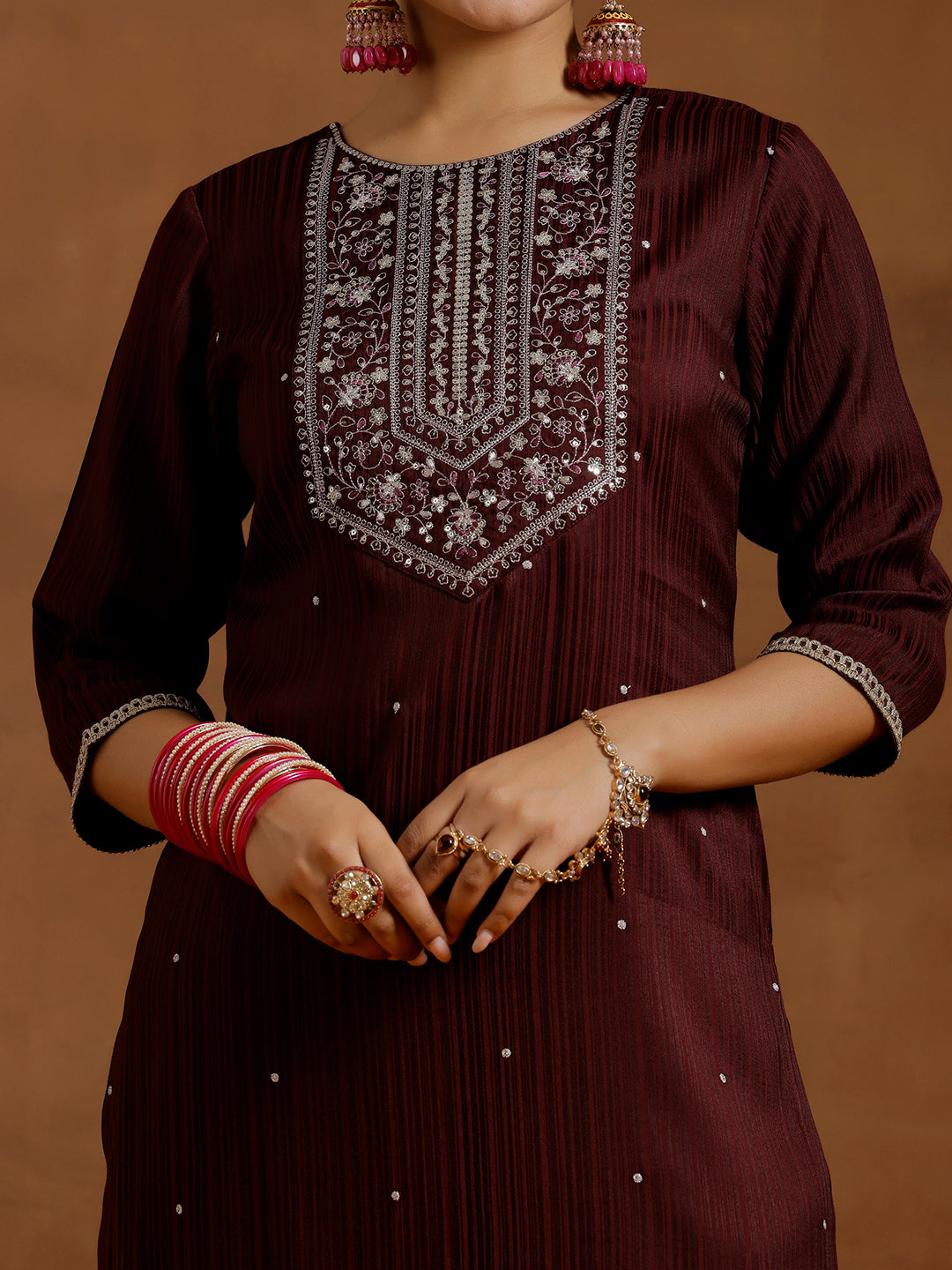 Maroon Embroidered Silk Blend Straight Kurta Set