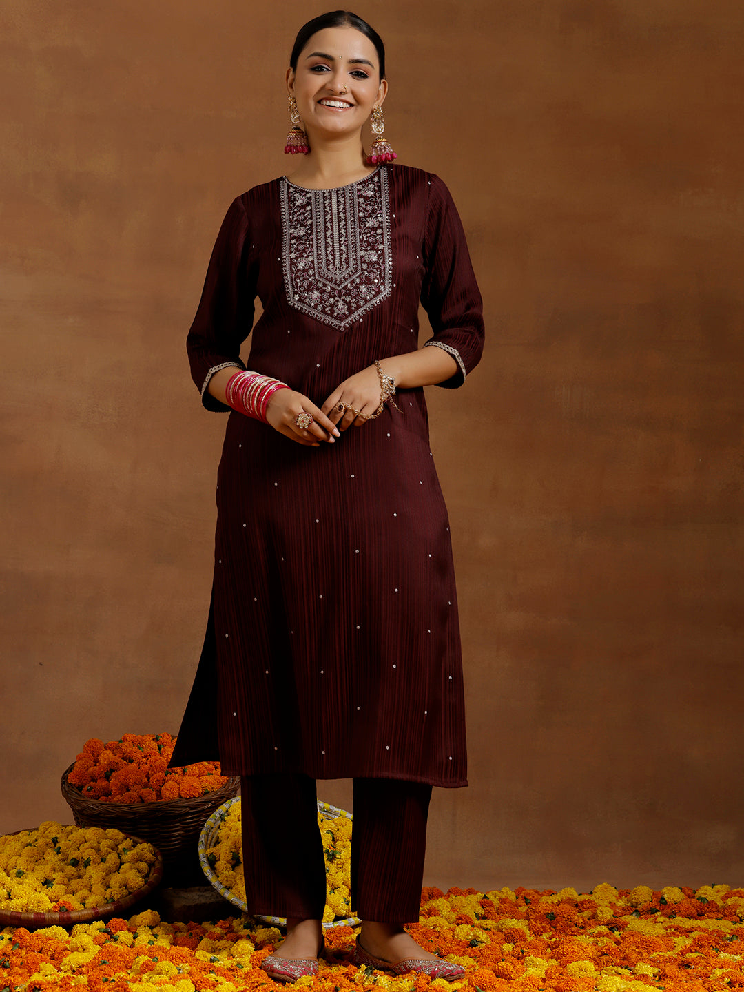 Maroon Embroidered Silk Blend Straight Kurta Set