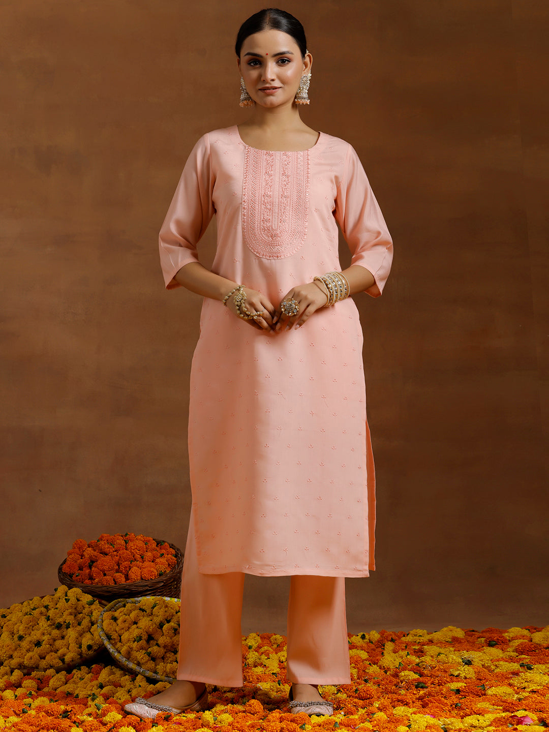 Peach Embroidered Silk Blend Straight Kurta Set