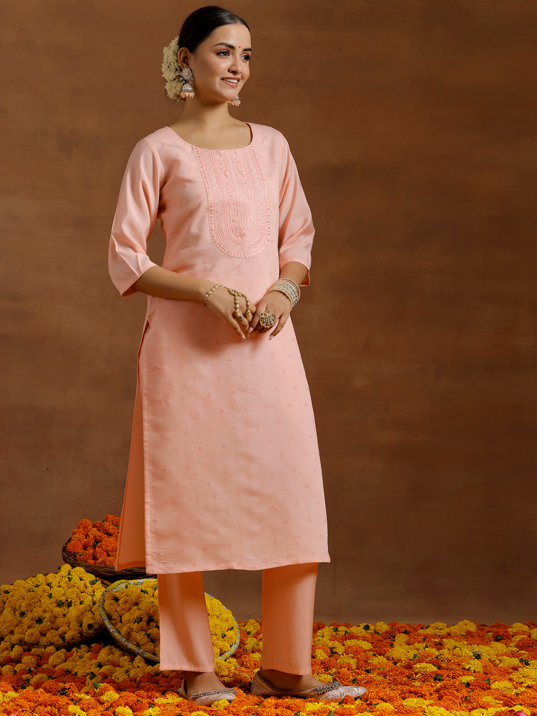 Peach Embroidered Silk Blend Straight Kurta Set