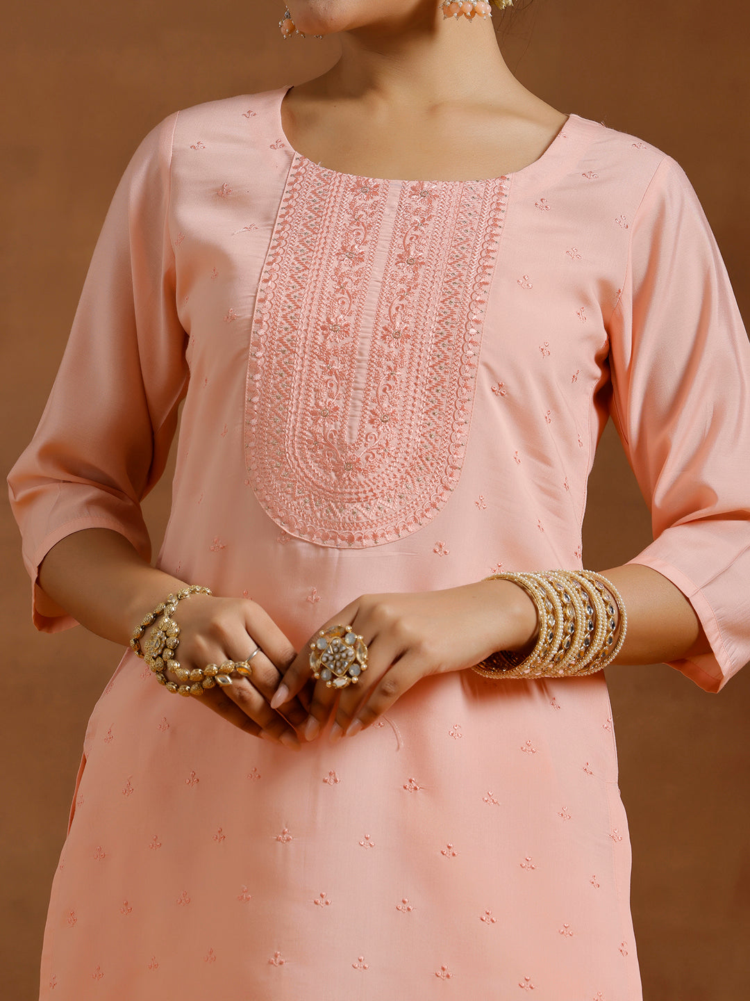 Peach Embroidered Silk Blend Straight Kurta Set