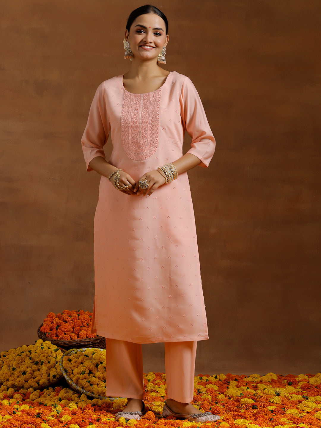 Peach Embroidered Silk Blend Straight Kurta Set